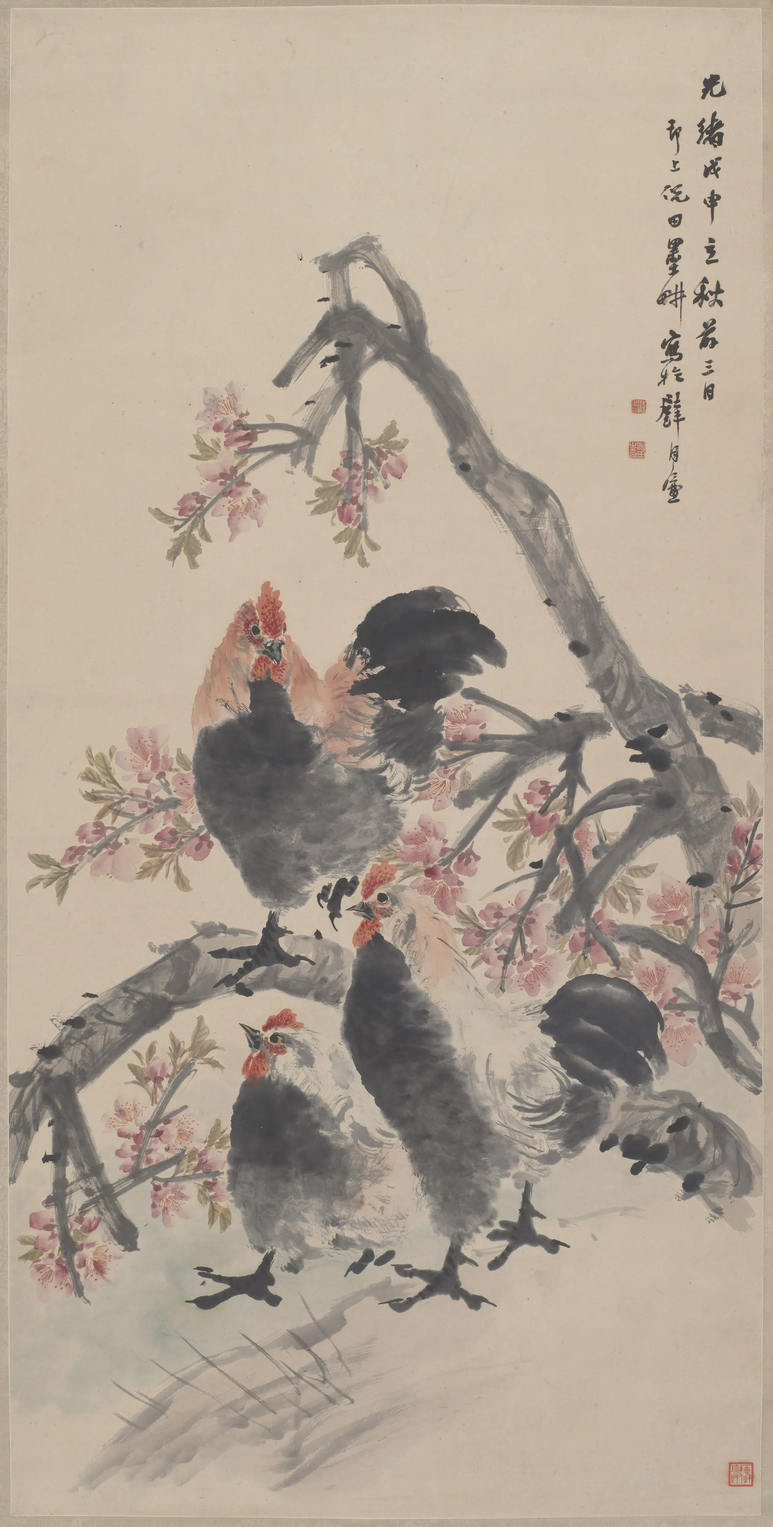 清代【倪田】《桃花家禽轴》