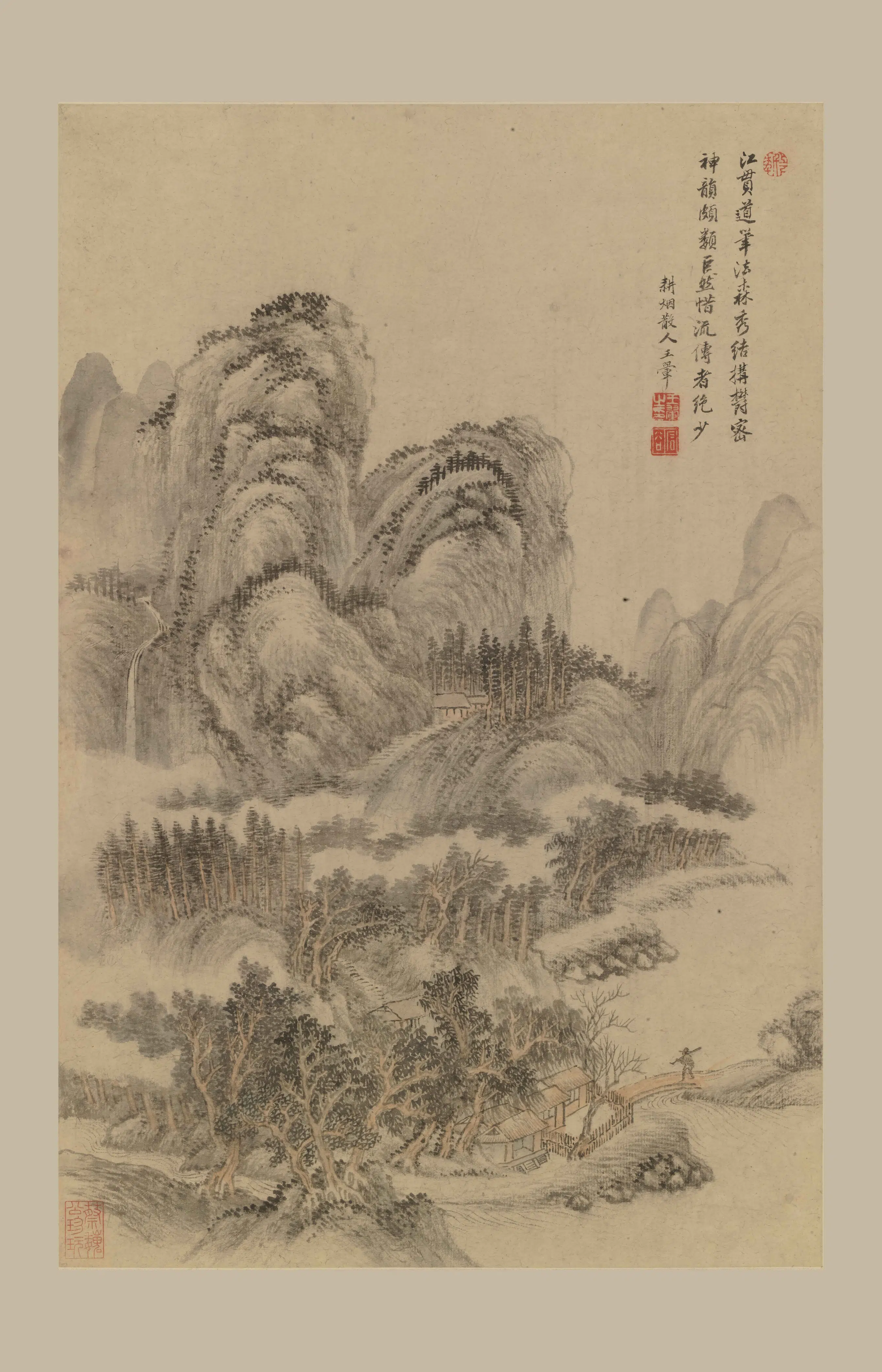 清代【王翚】《仿江贯道山水图轴》