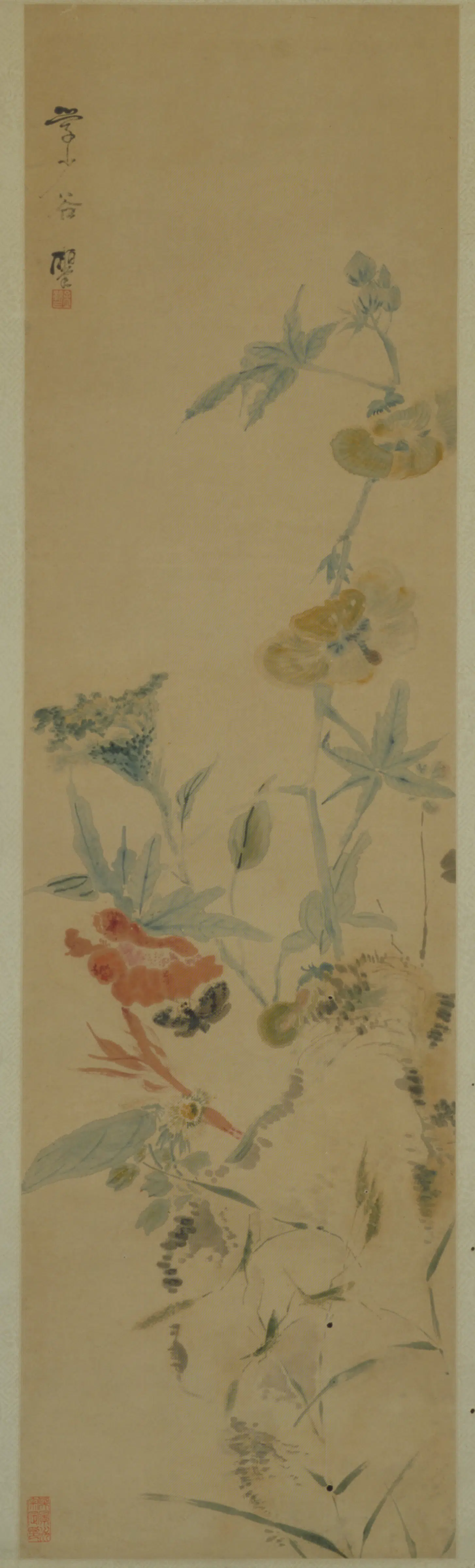 清代【孟观乙】《秋花草虫图轴》