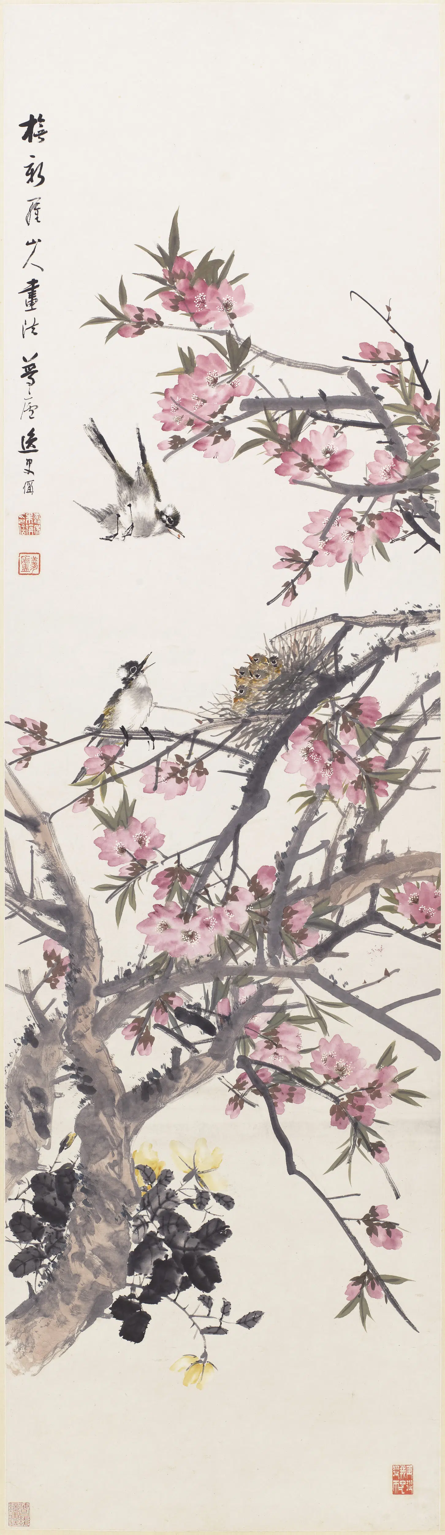 清代【朱偁】《桃花白头图轴》