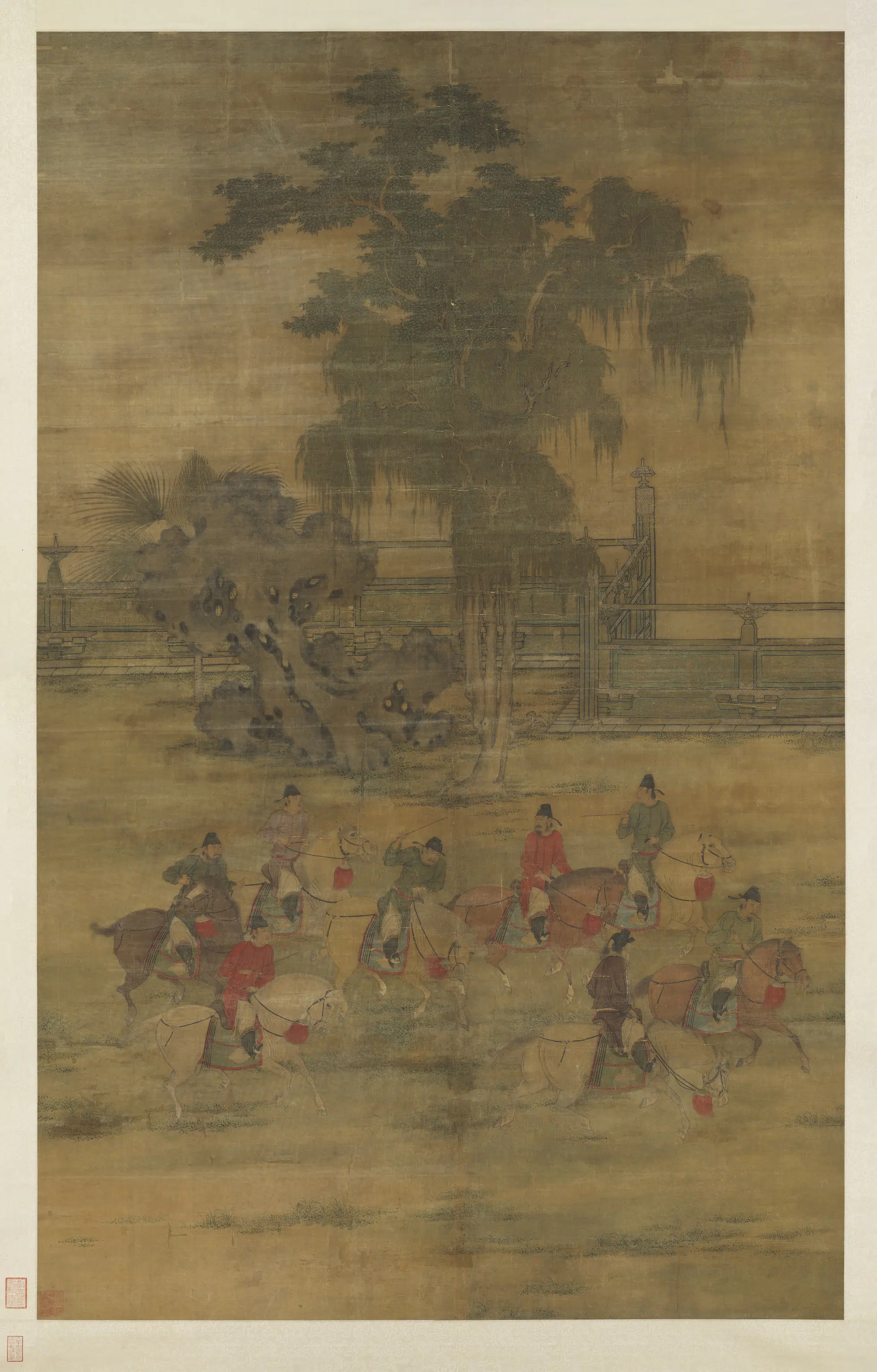 五代梁【赵喦（赵岩）】《八达春游图轴》