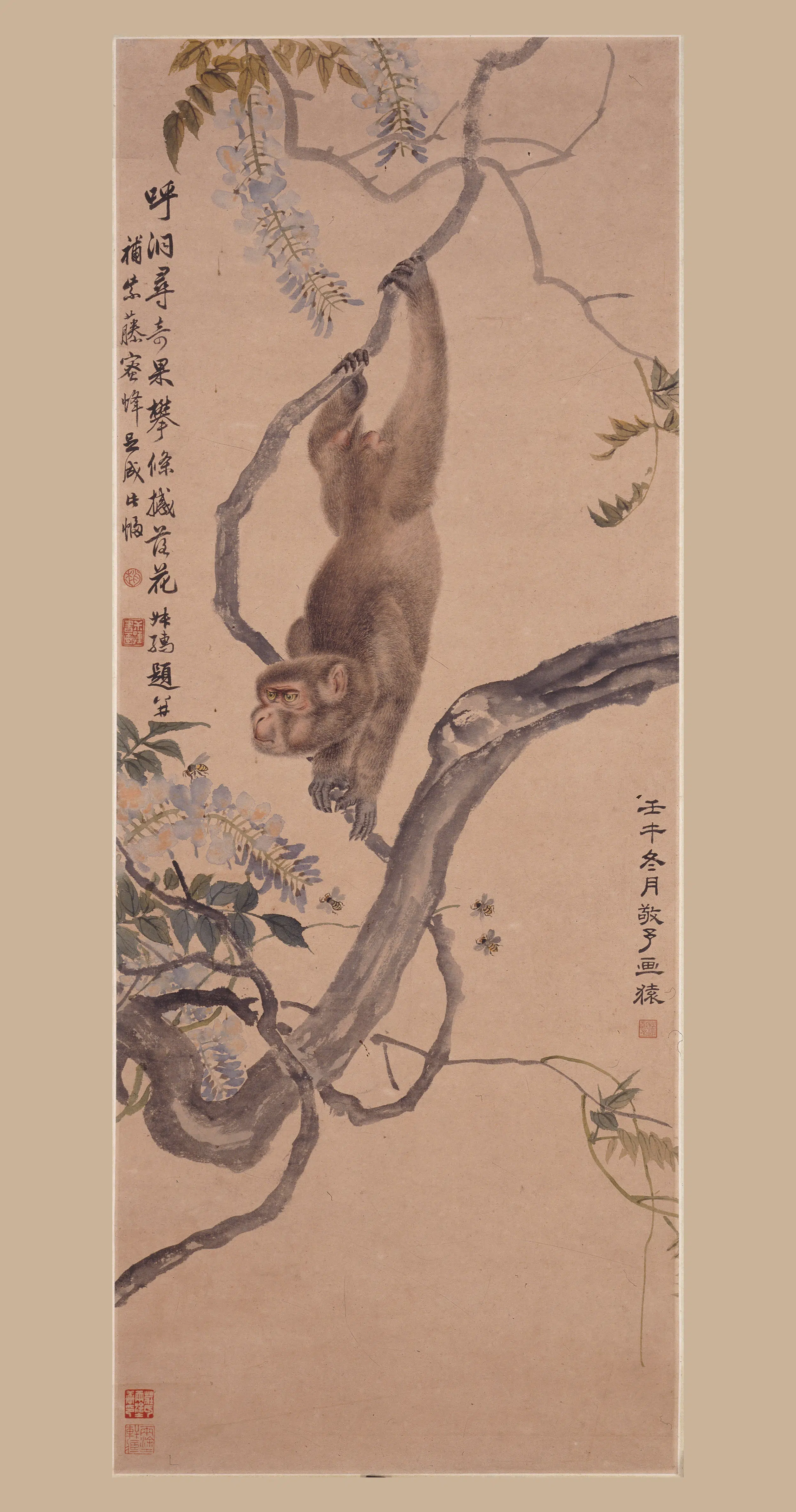 近现代【赵叔孺】《赵敬予紫藤蜂猿图轴》