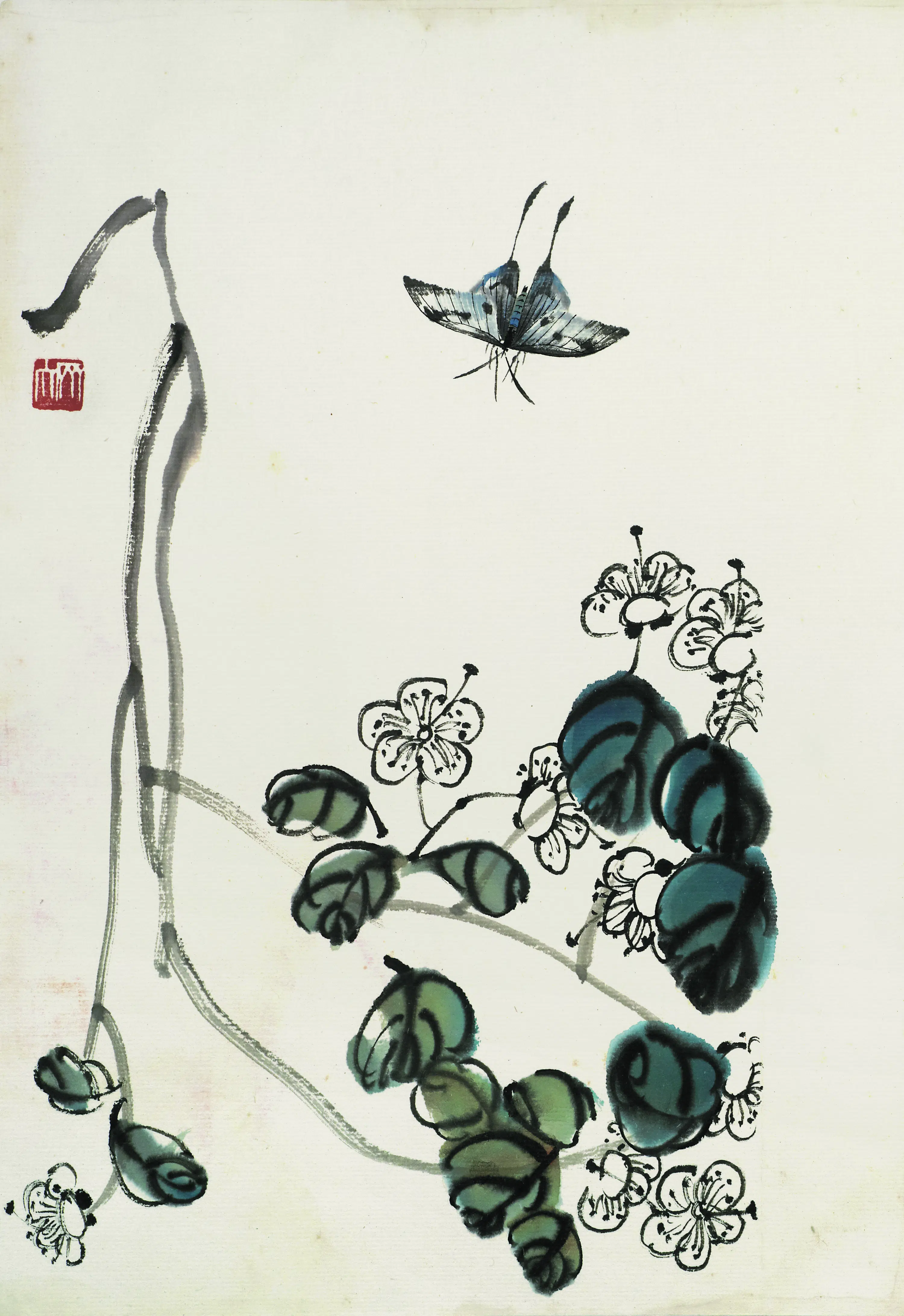 近现代【齐白石】《叶隐闻声-花木工笔草虫册-绣球蝴蝶》