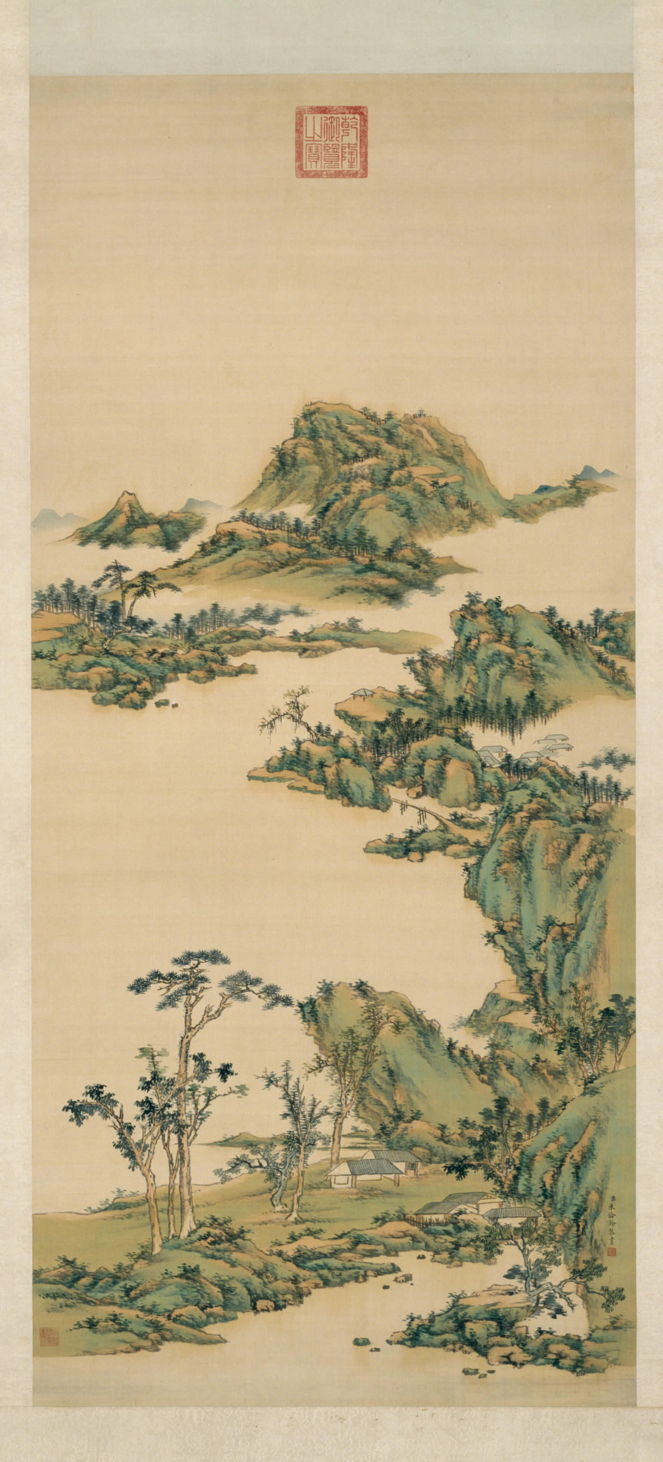 清代【朱伦瀚】《村树溪桥轴》