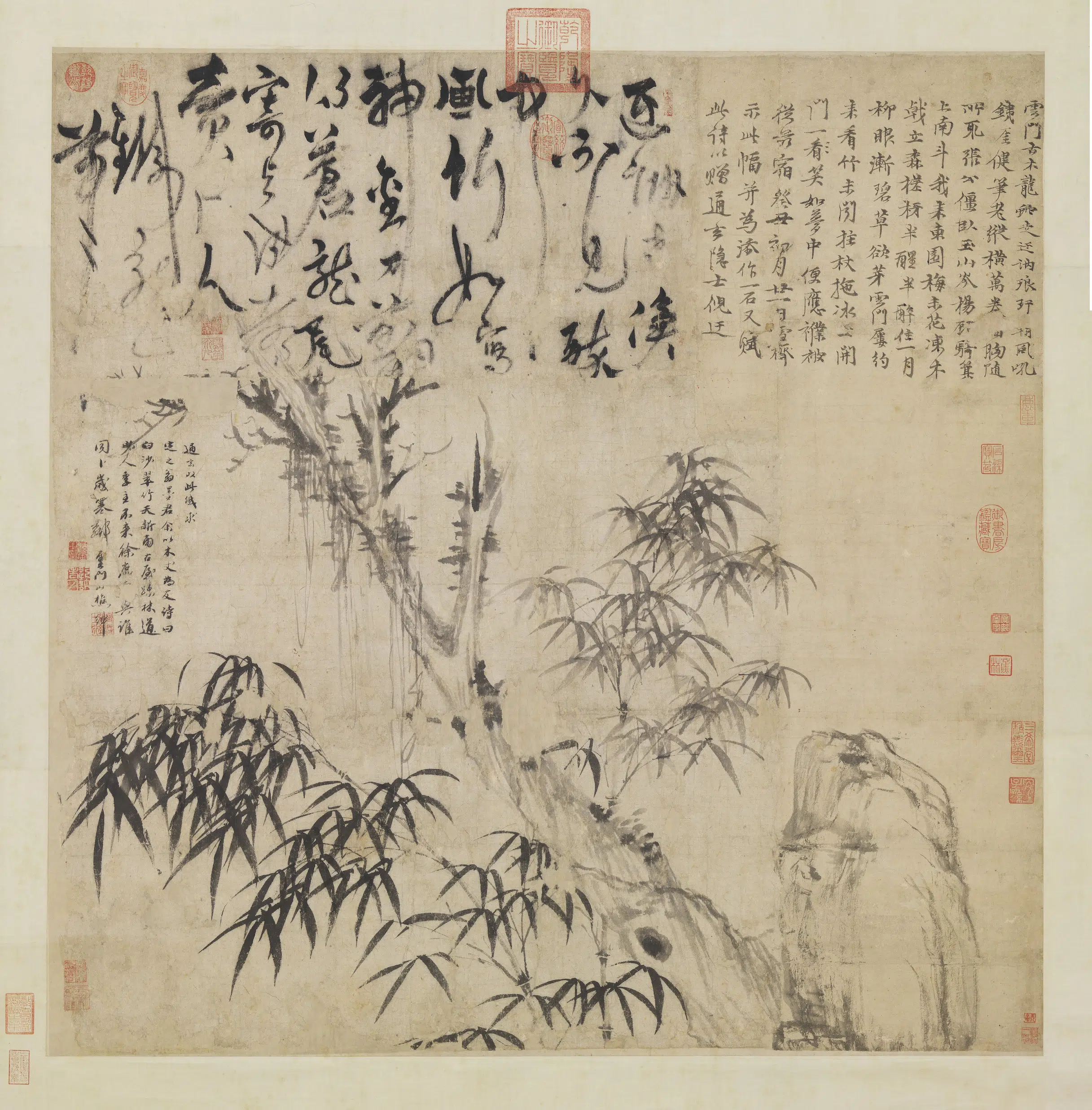 元朝【倪瓒】《元顾安合作古木竹石图轴》