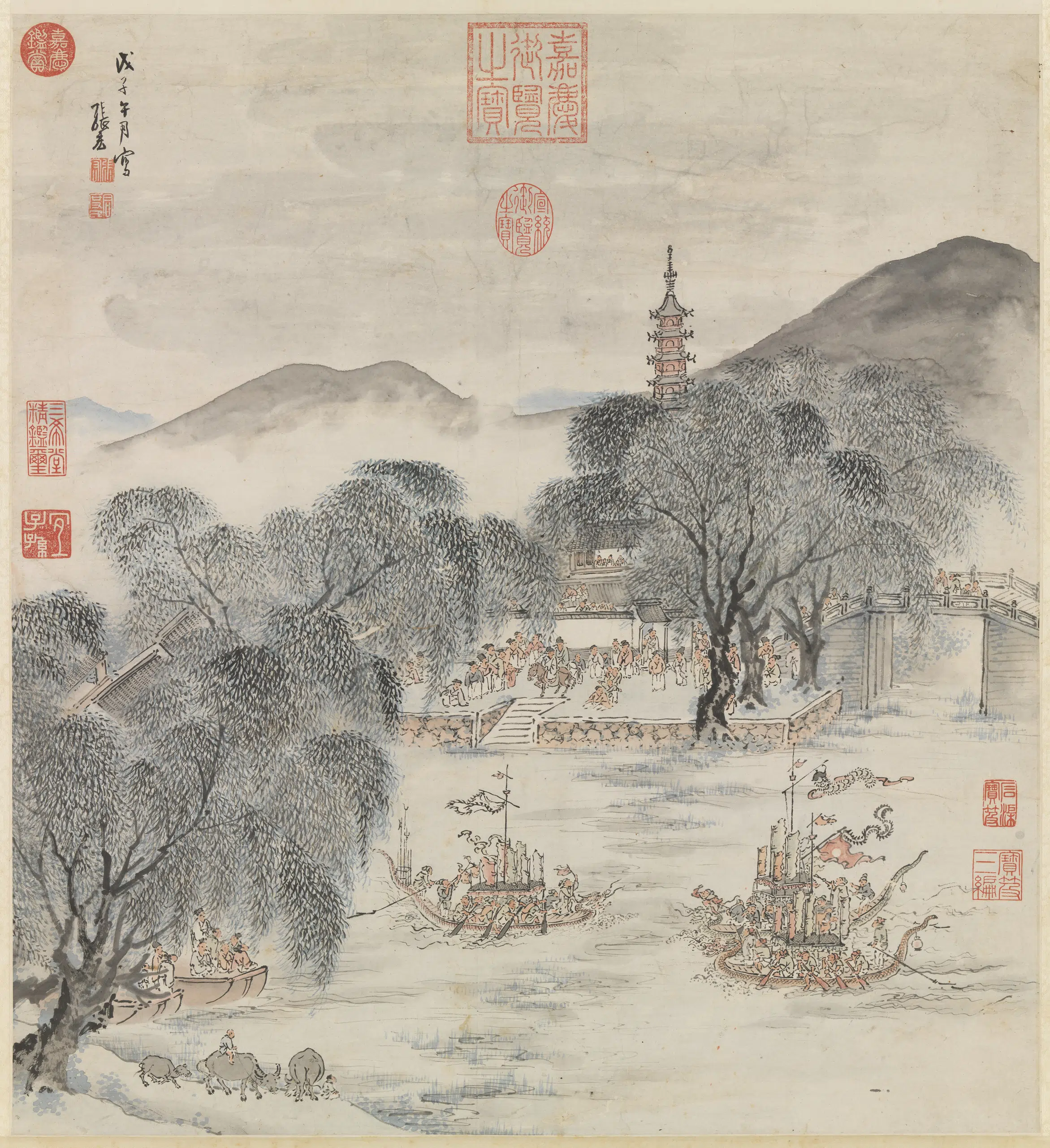 明朝【张宏】《竞渡图轴》