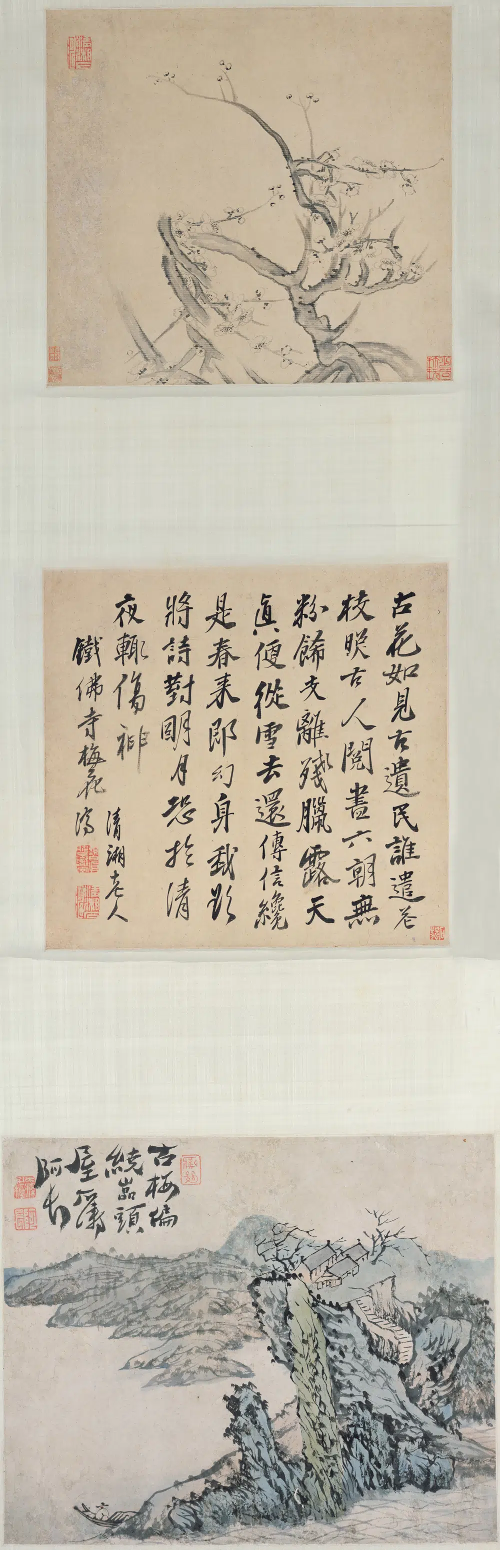 清代【石涛】《铁佛寺梅花诗画二页轴》