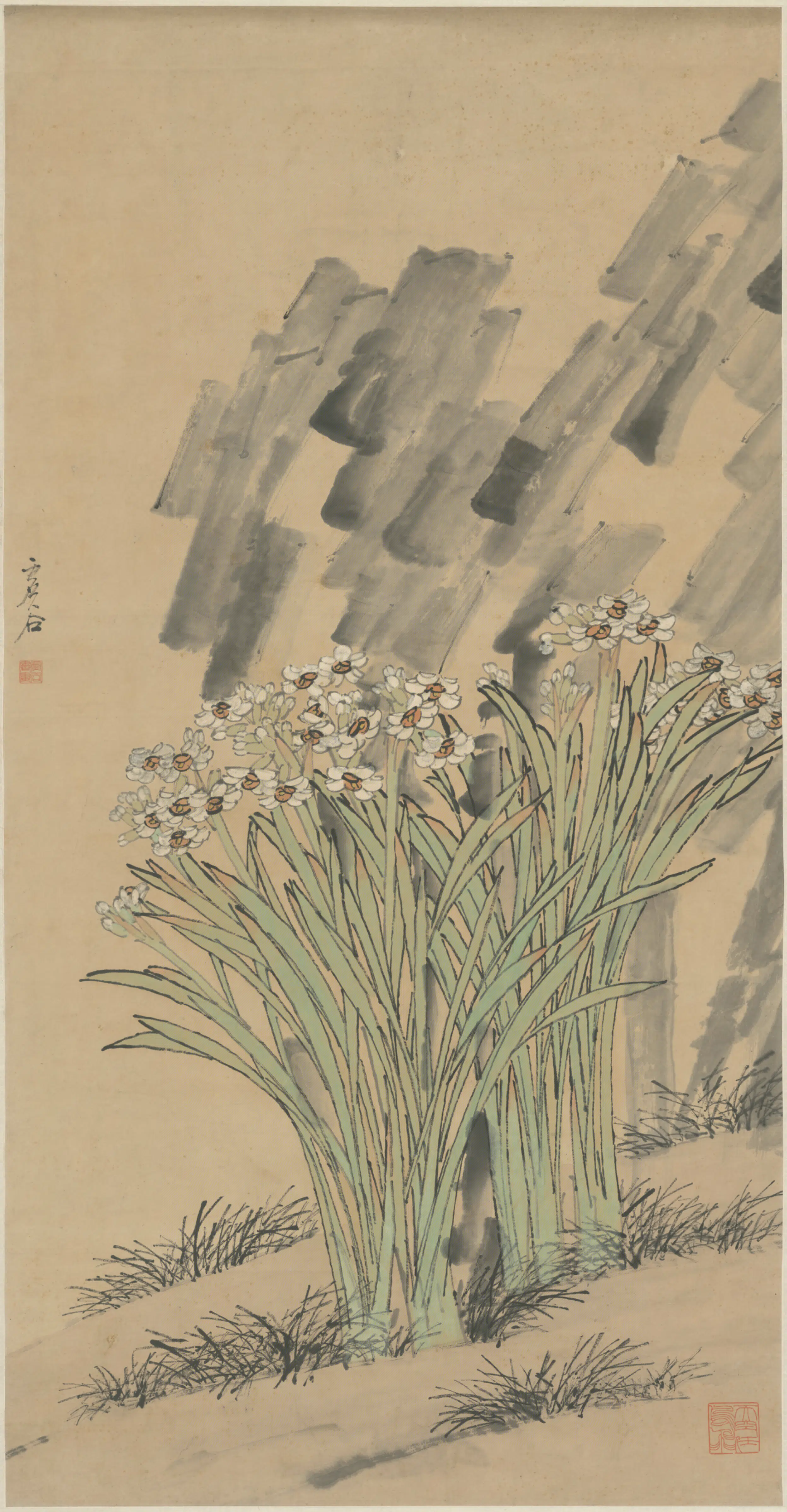 清代【虚谷】《水仙石轴》