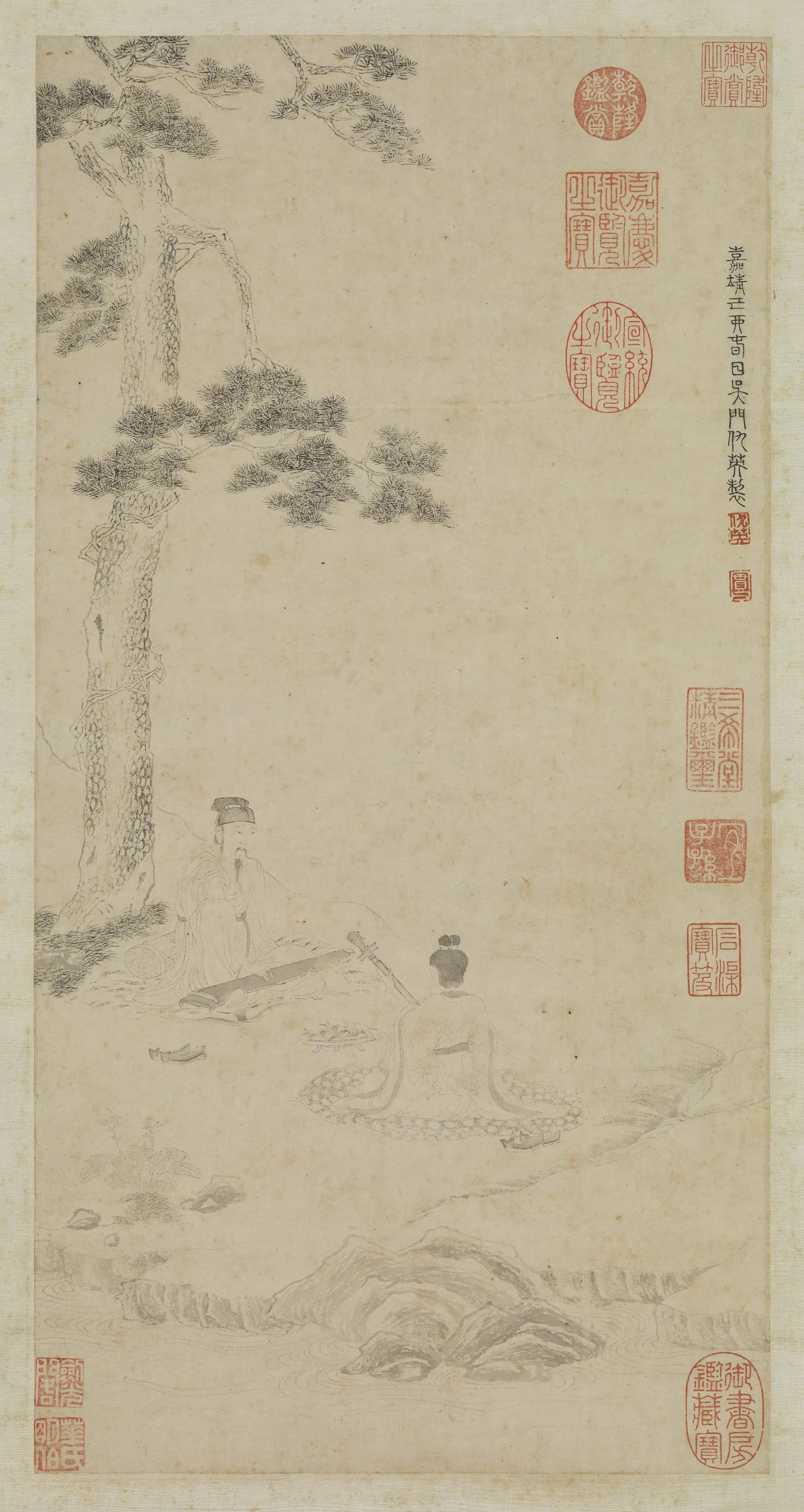 明朝【仇英】《松阴琴阮图轴》