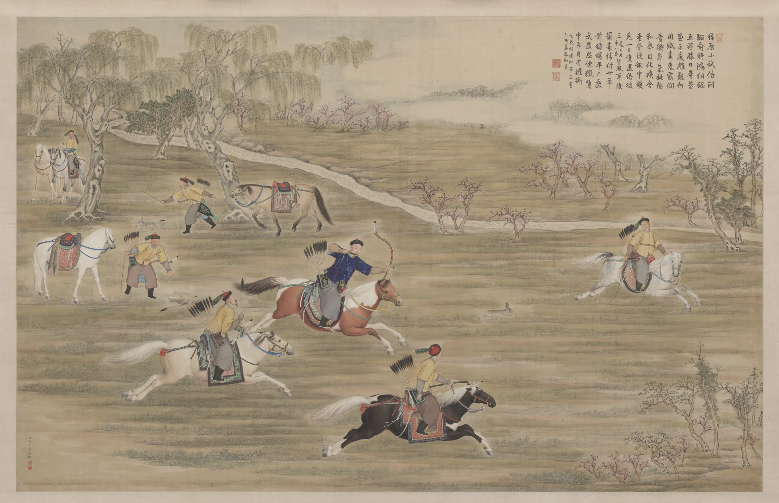 清代【郎世宁】《弘历射猎图轴》