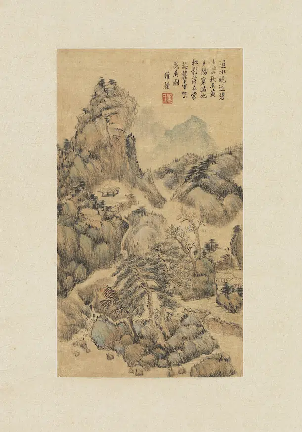 清代【何维朴】《山水二屏图轴橅麓台松山隐居图》