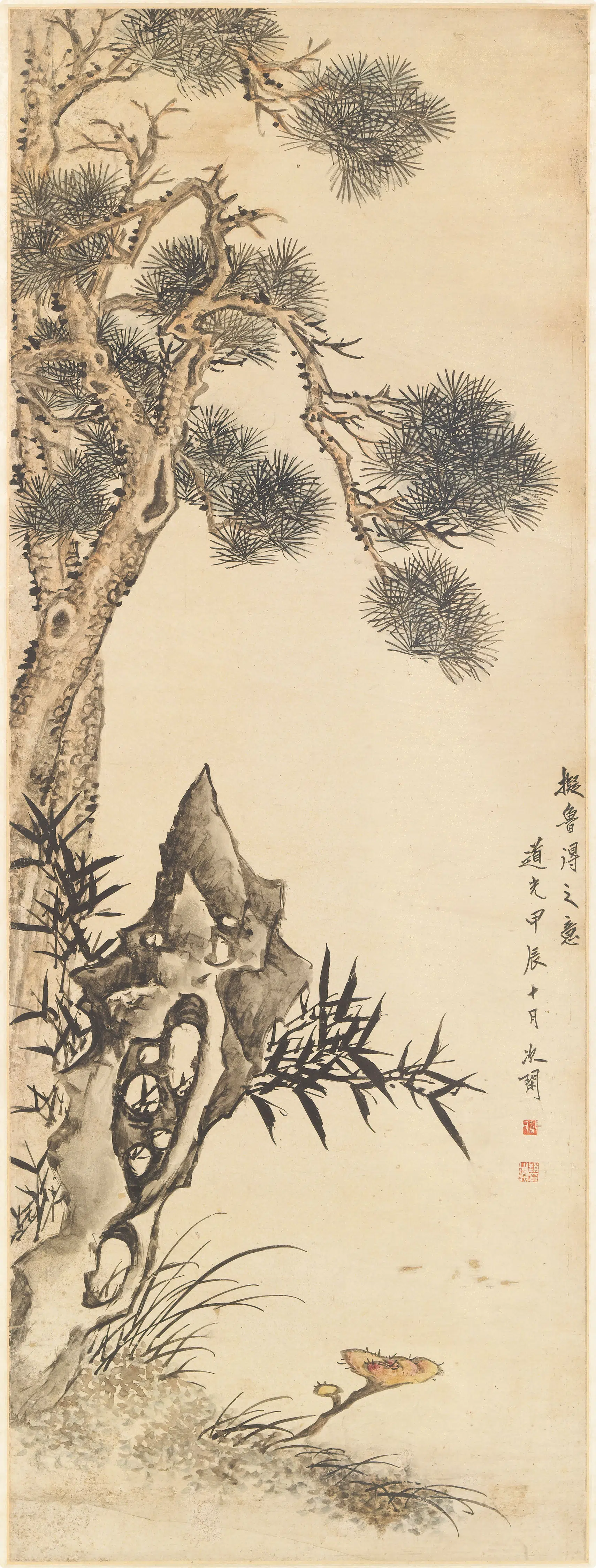 清代【赵之琛】《竹石松芝图轴》