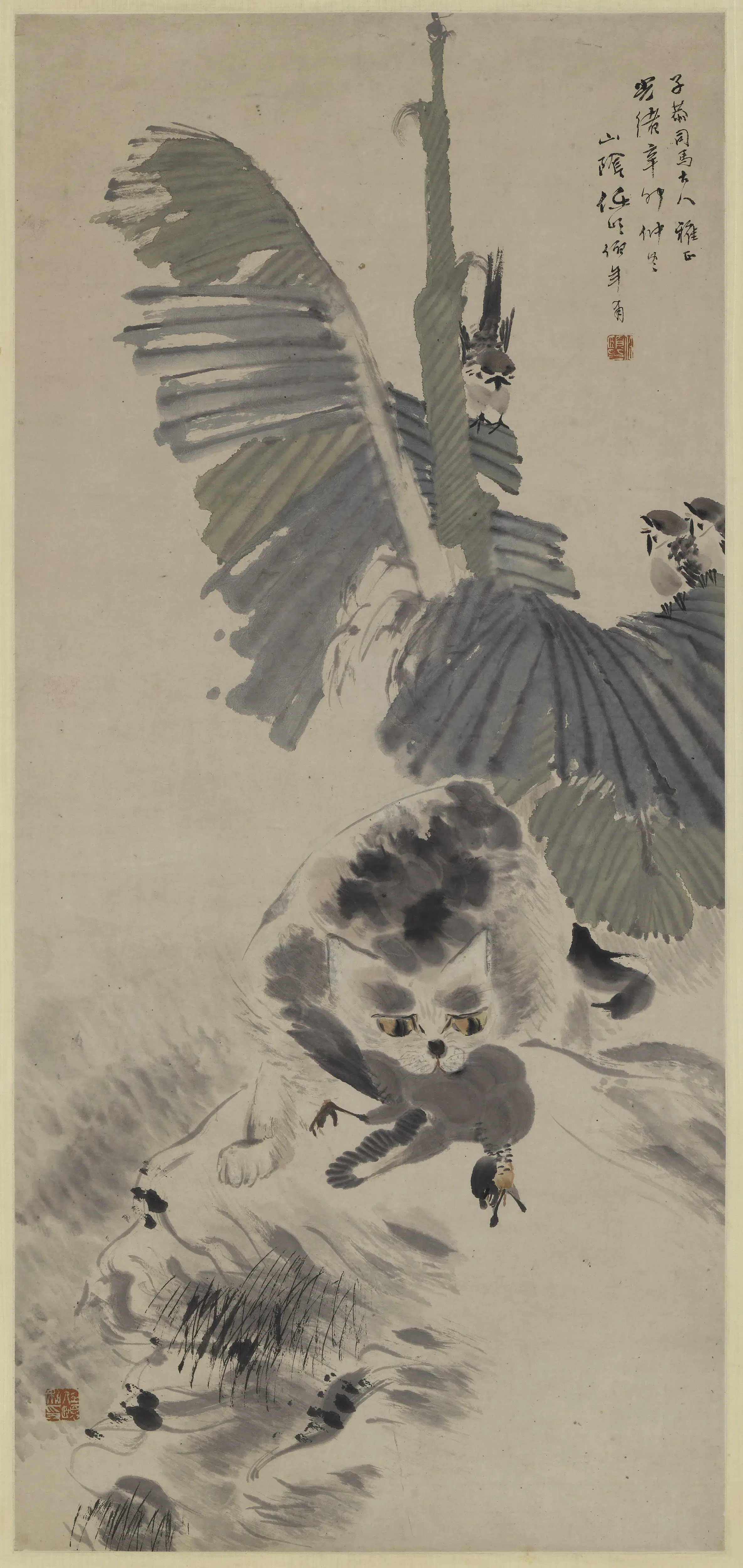 清代【任伯年（任颐）】《猫雀图轴-1》