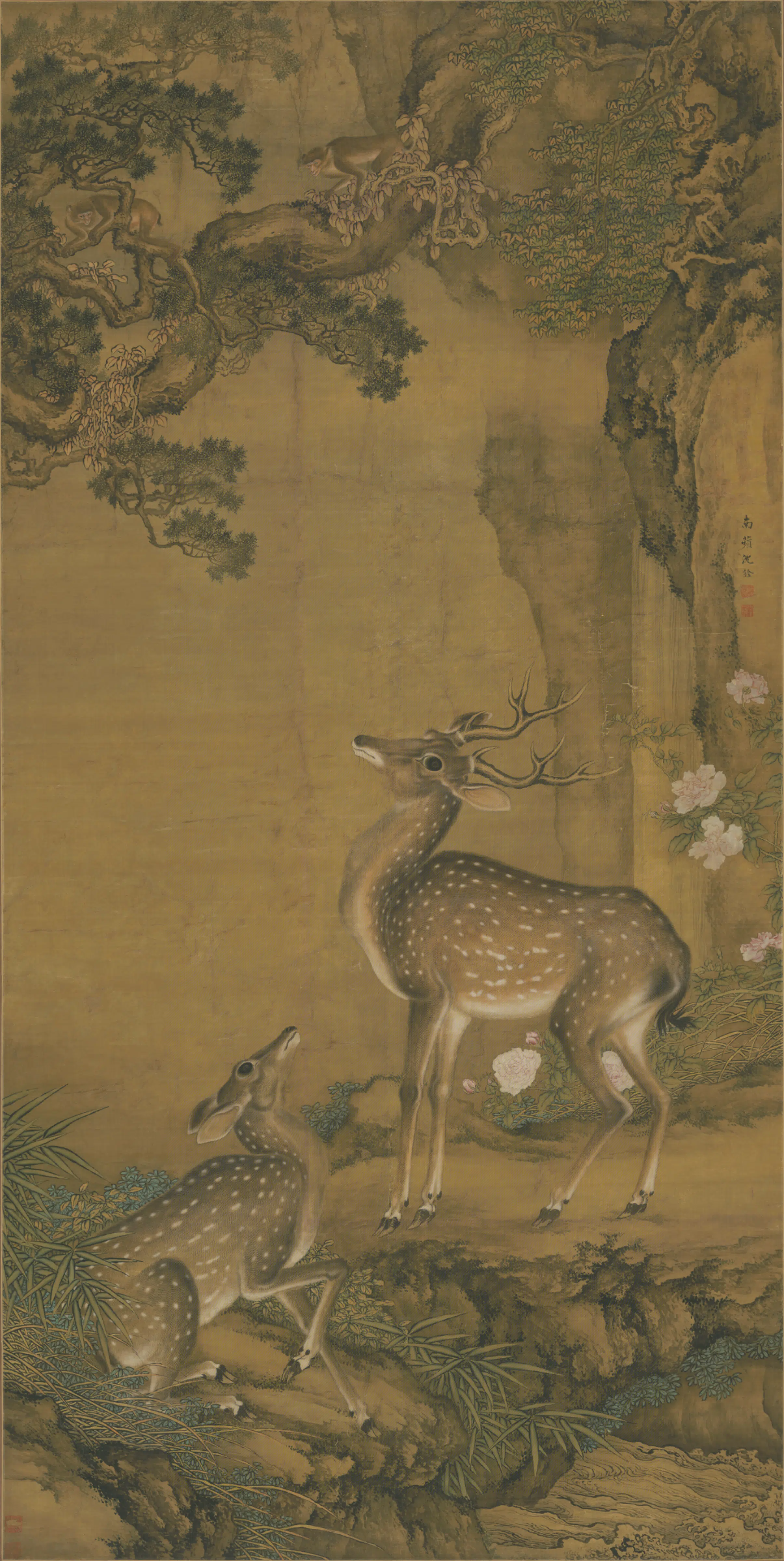 清代【沈铨】《柏鹿图轴》
