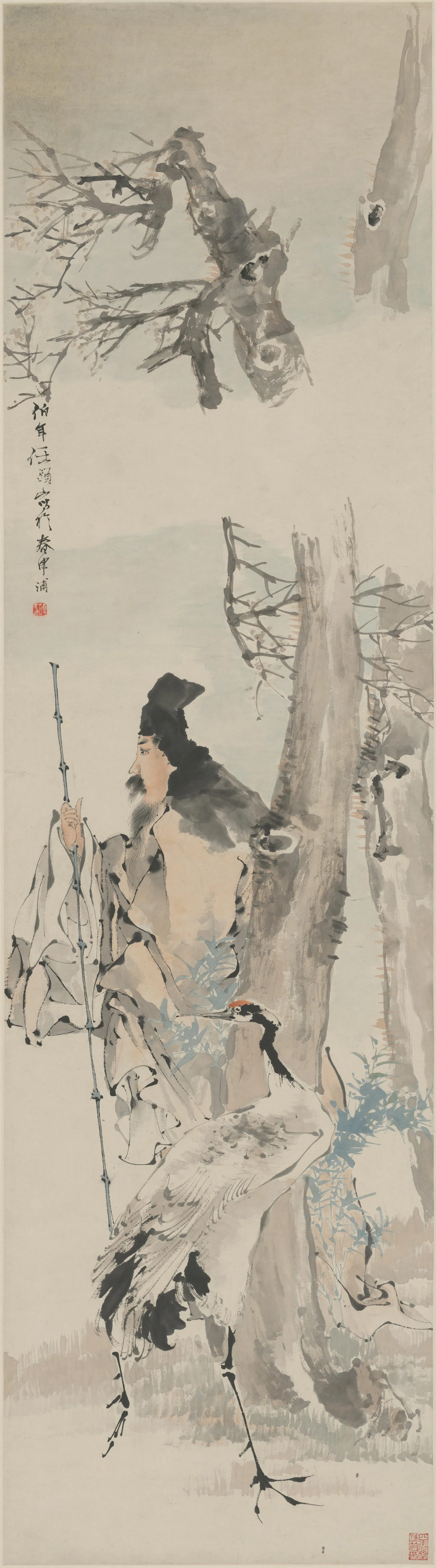 清代【任颐】《梅边携鹤图轴》