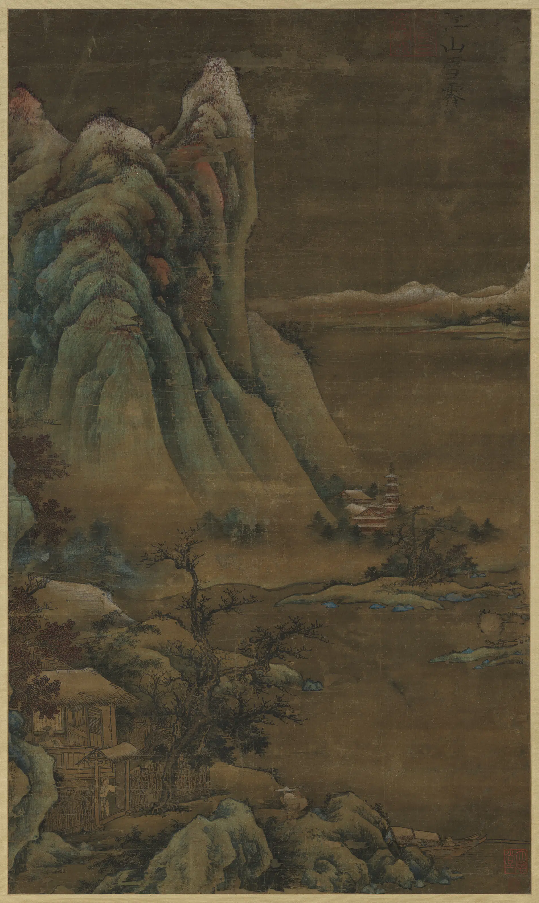 南宋【楼观】《江山雪霁图轴》