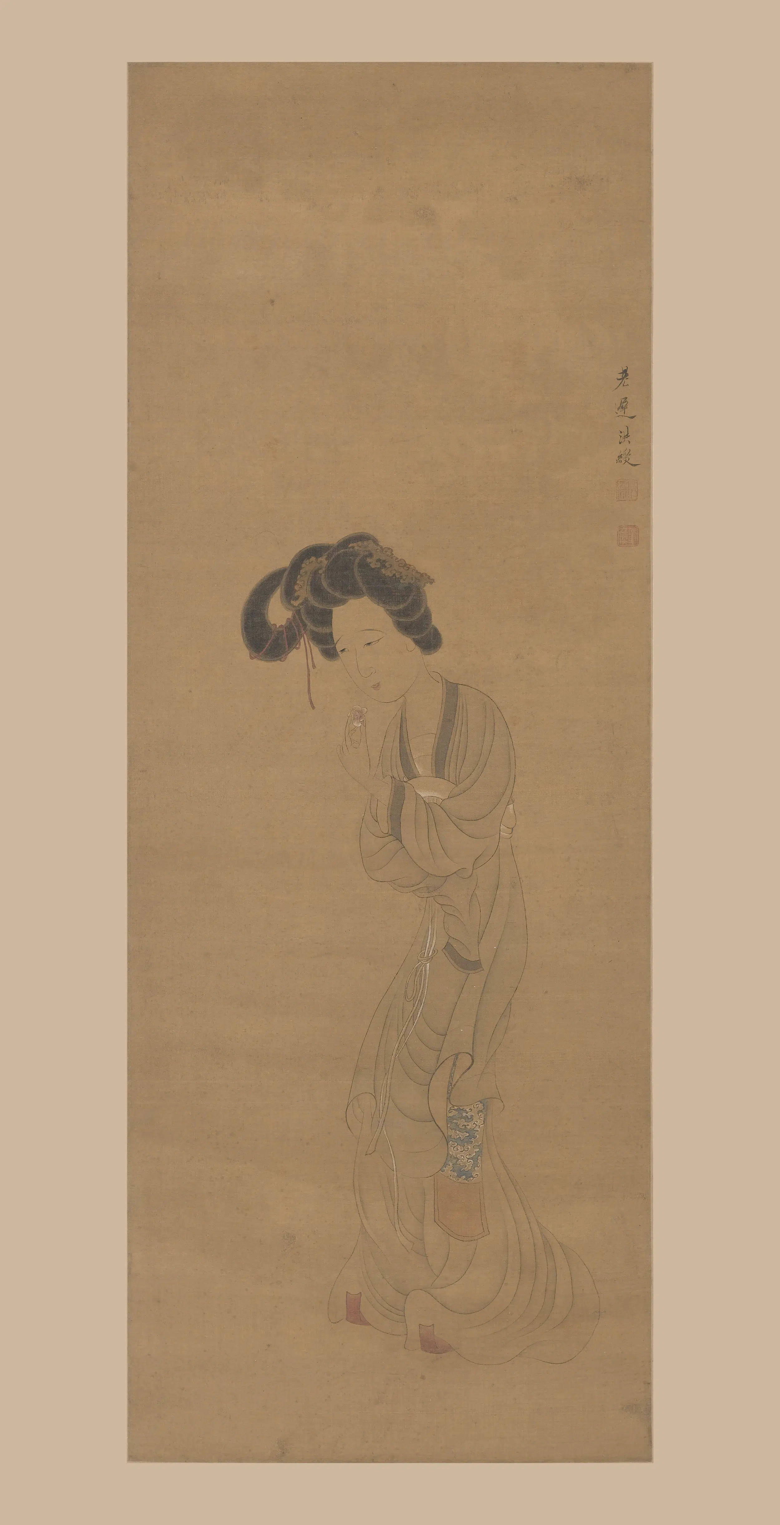 明朝【陈洪绶】《拈花仕女轴》
