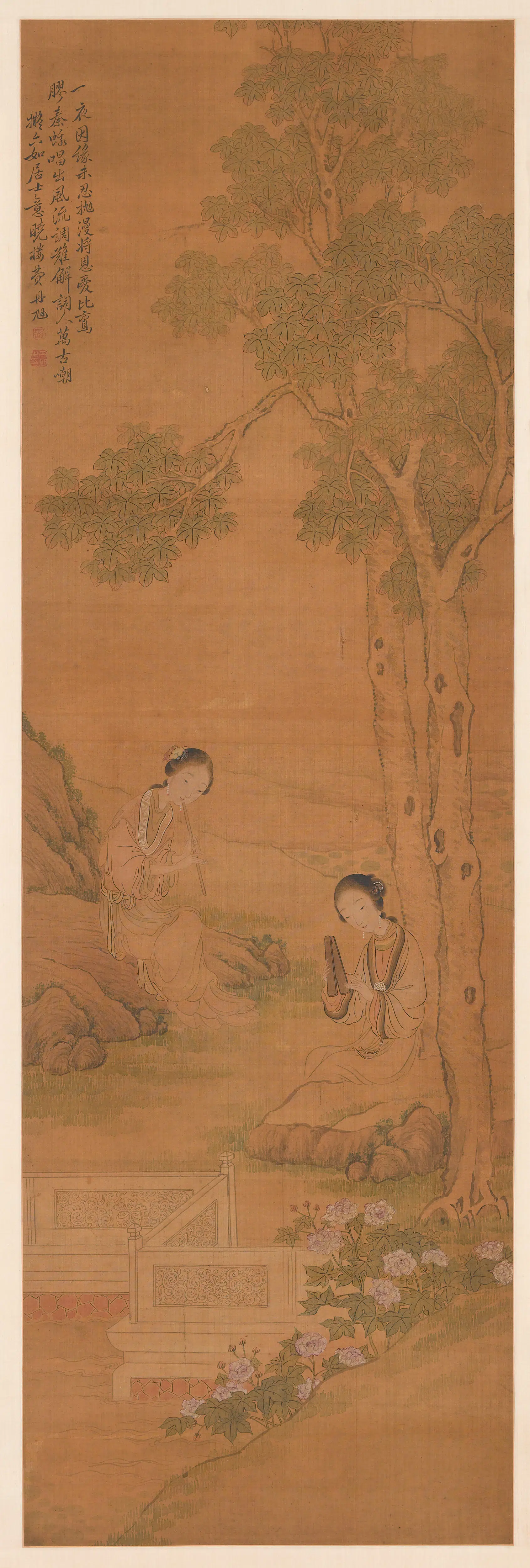清代【费丹旭】《吹箫仕女图轴》
