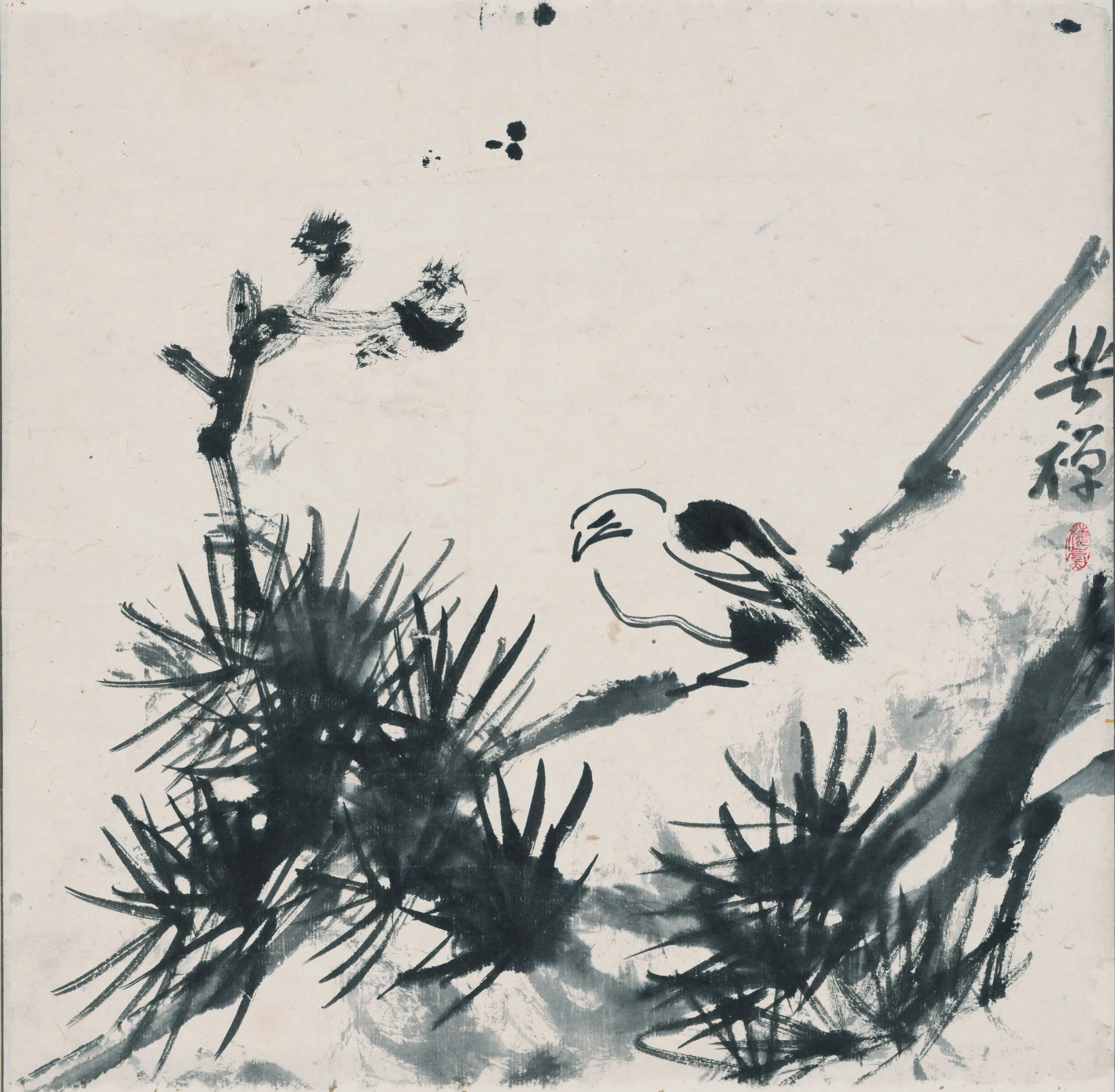 近现代【李苦禅】《松林小鸟图轴-2》