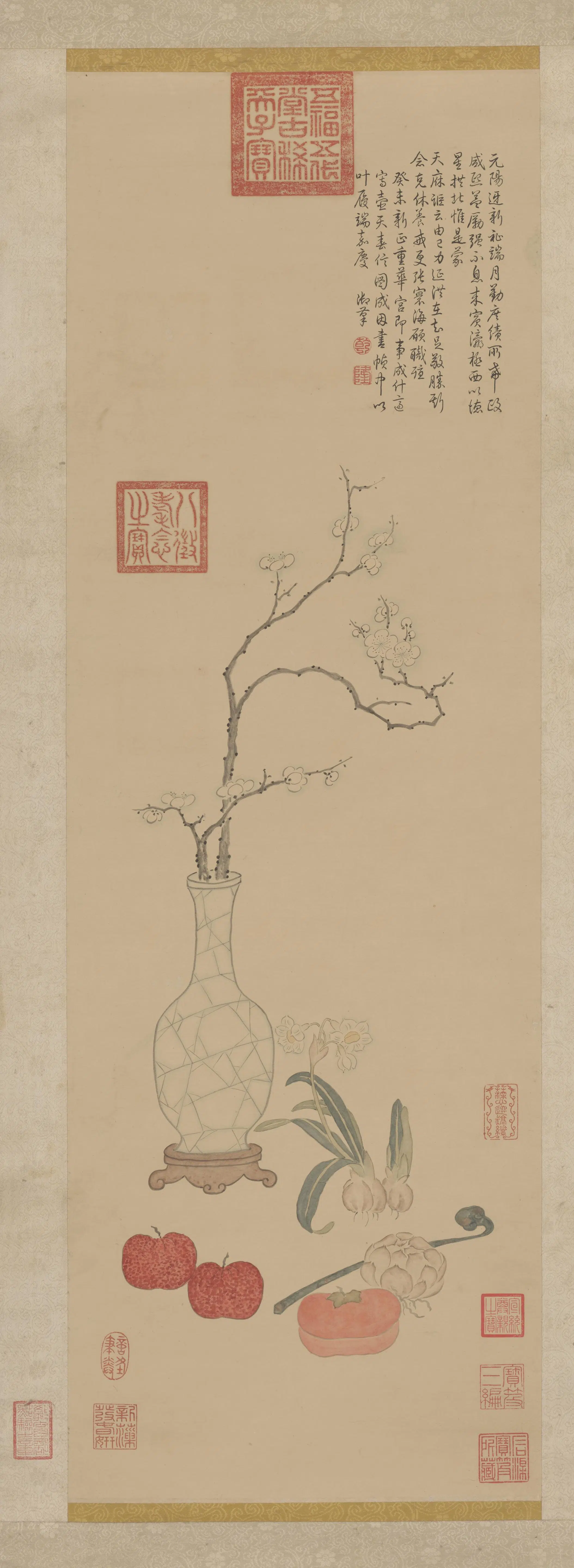 清代【爱新觉罗弘历-乾隆-清高宗】《岁朝图并新正重华宫诗轴》
