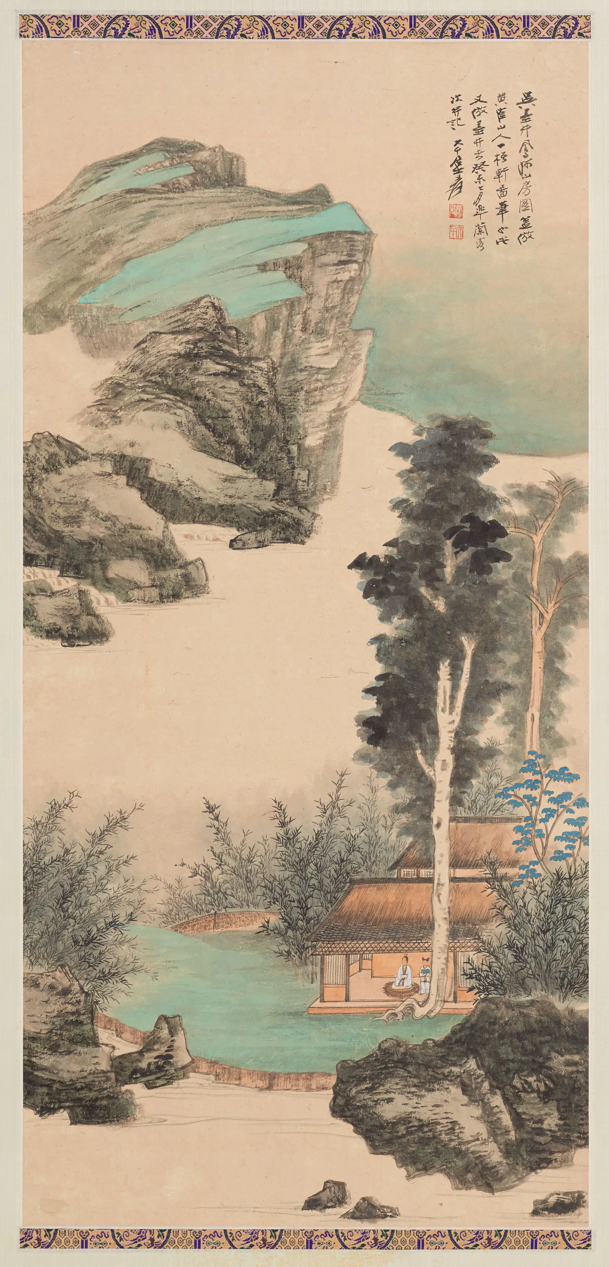 近现代【张大千】《仿吴墨井凤阿山房图轴》