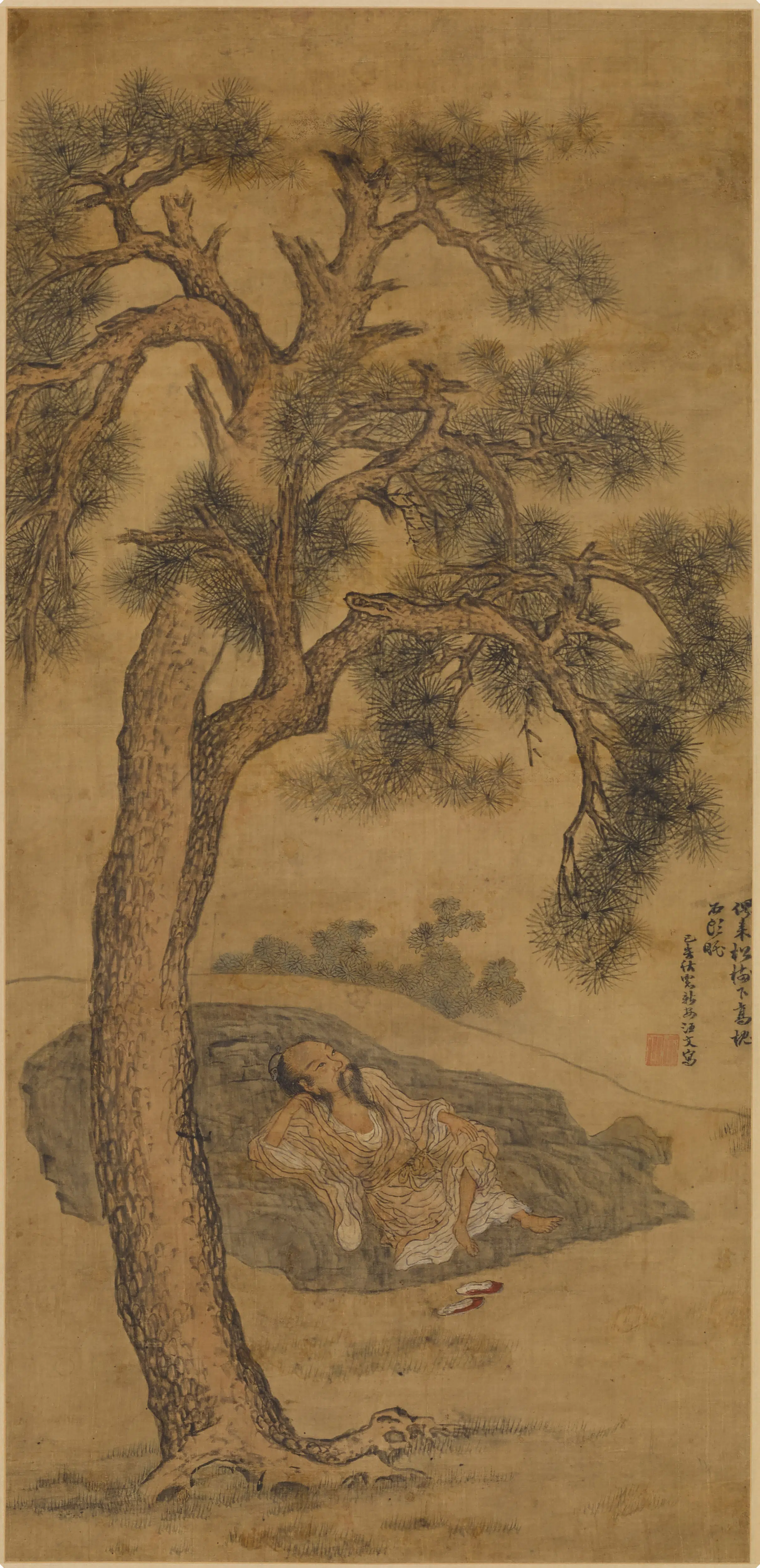 明朝清代【汪文】《树丁高枕图轴》