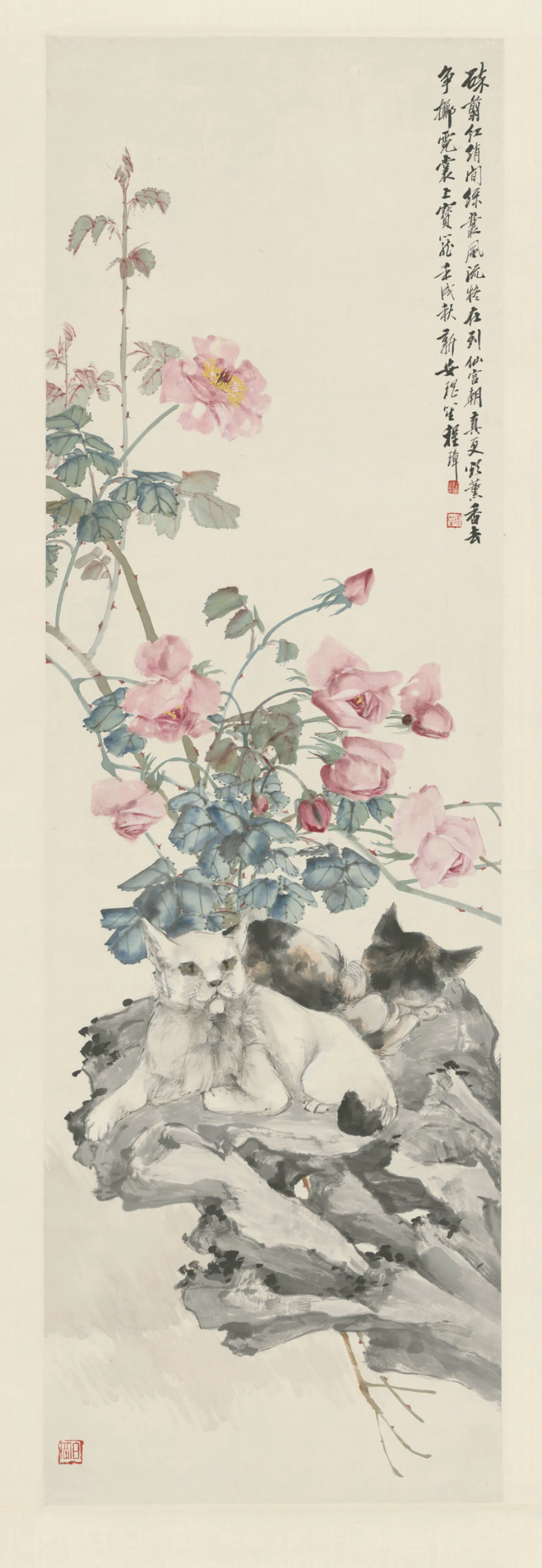 清代【程璋】《月季双狸轴》