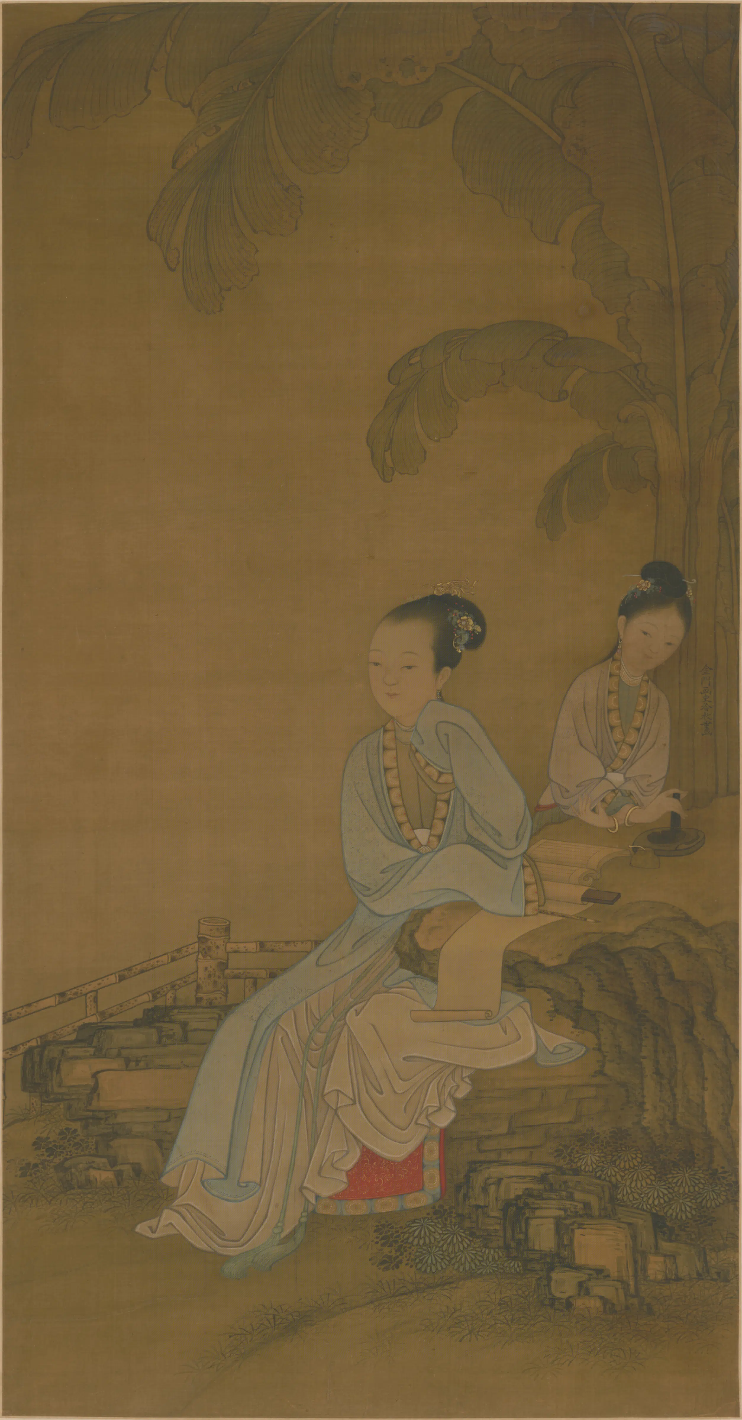 清代【冷枚】《芭蕉仕女图轴》
