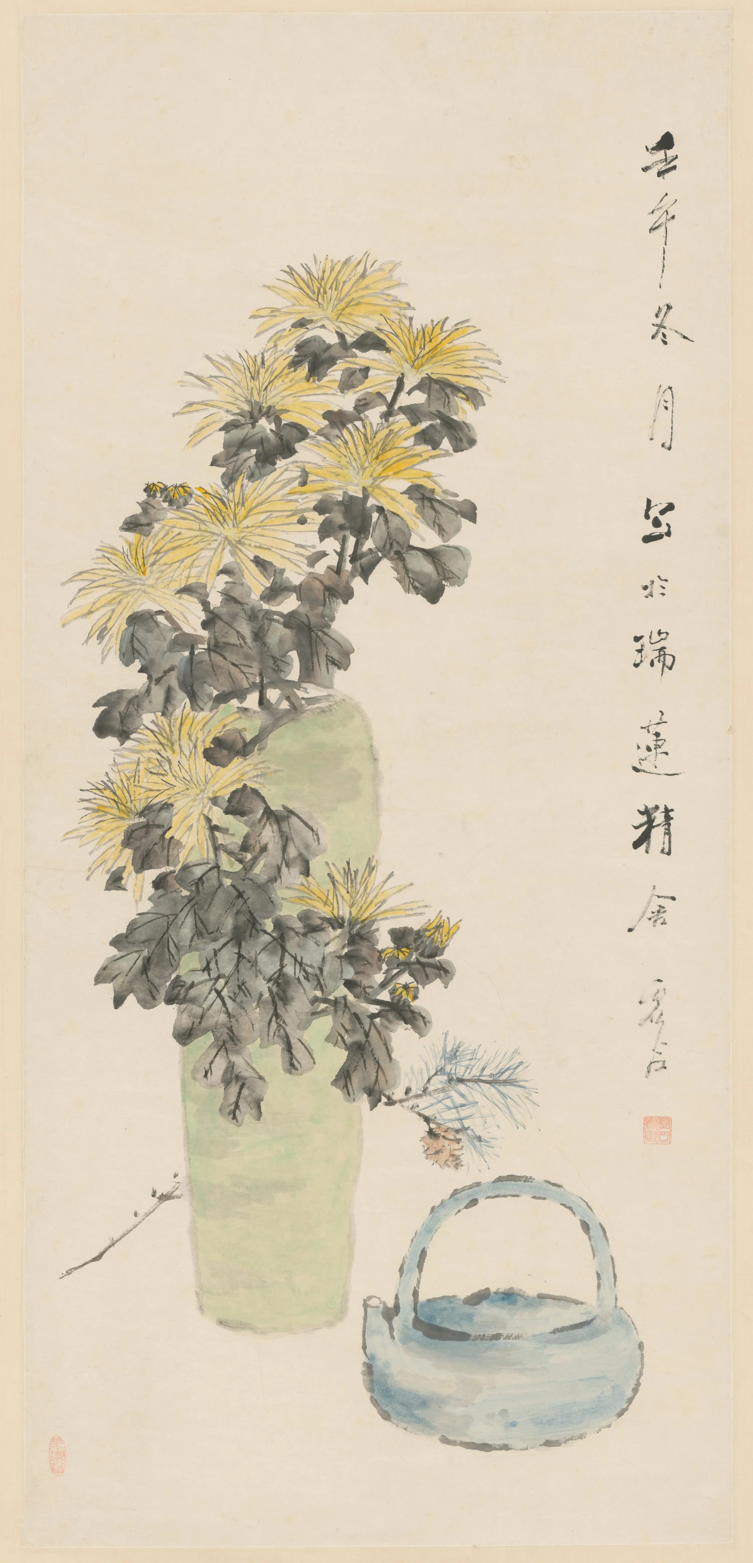 清代【虚谷】《瓶菊图轴》
