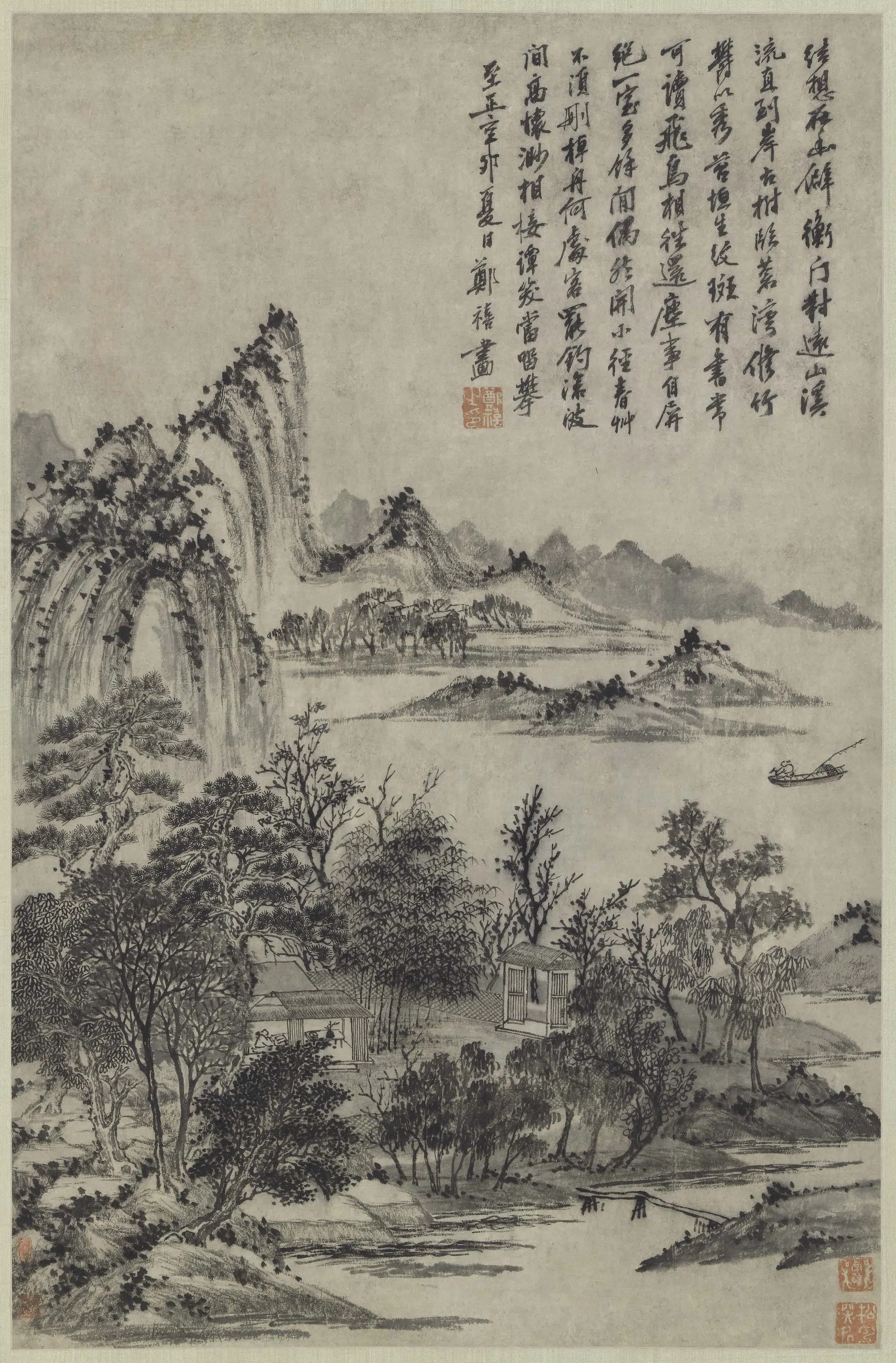 元朝【郑禧】《沧波罢钓图轴》 第1张
