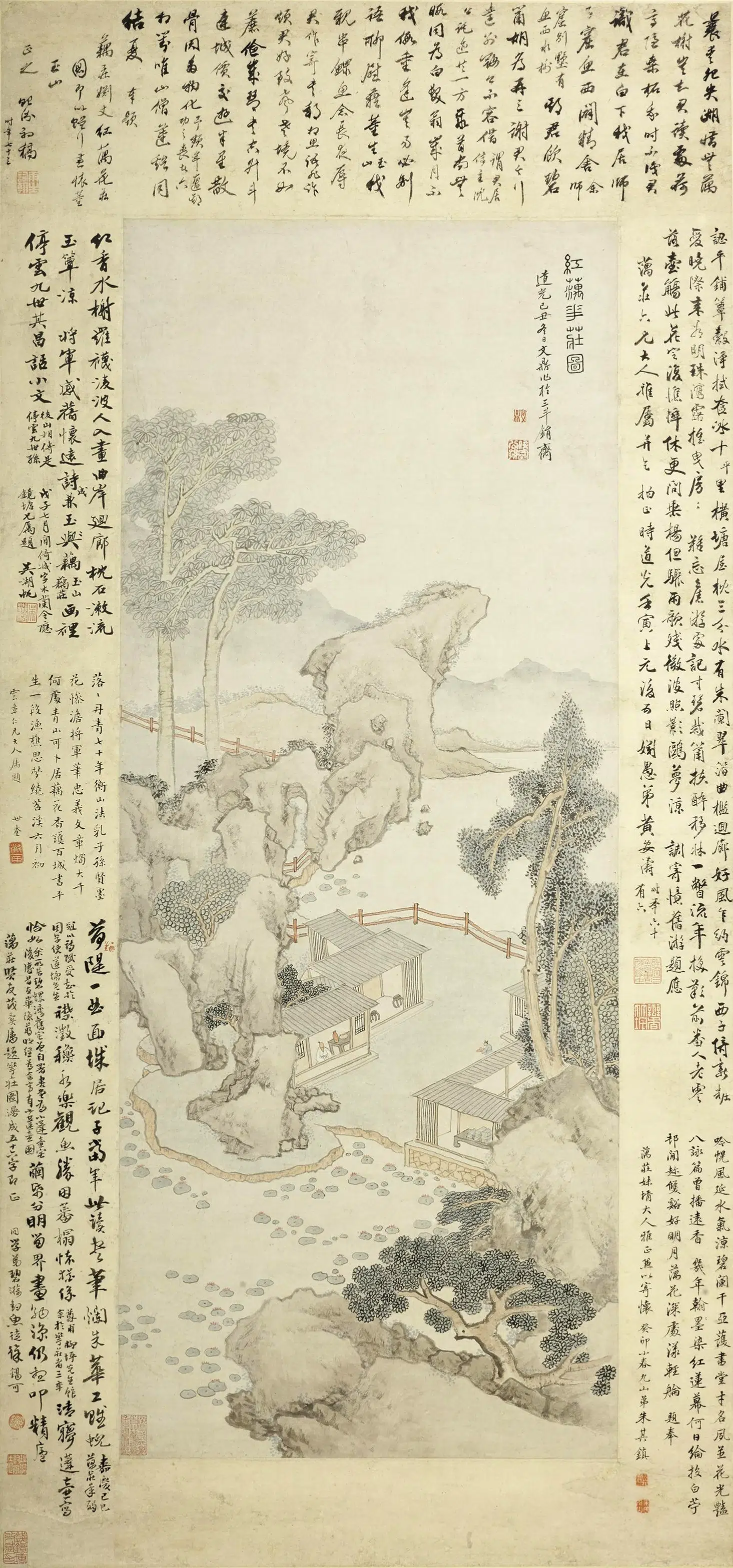 清代【文鼎】《红藕花庄图轴》