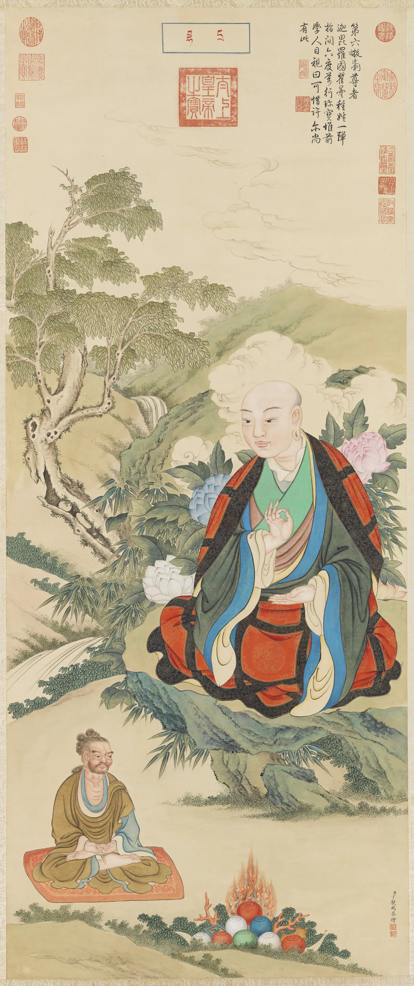 清代【丁观鹏】《十六应真像（六）第六拔哈达喇尊者图轴》