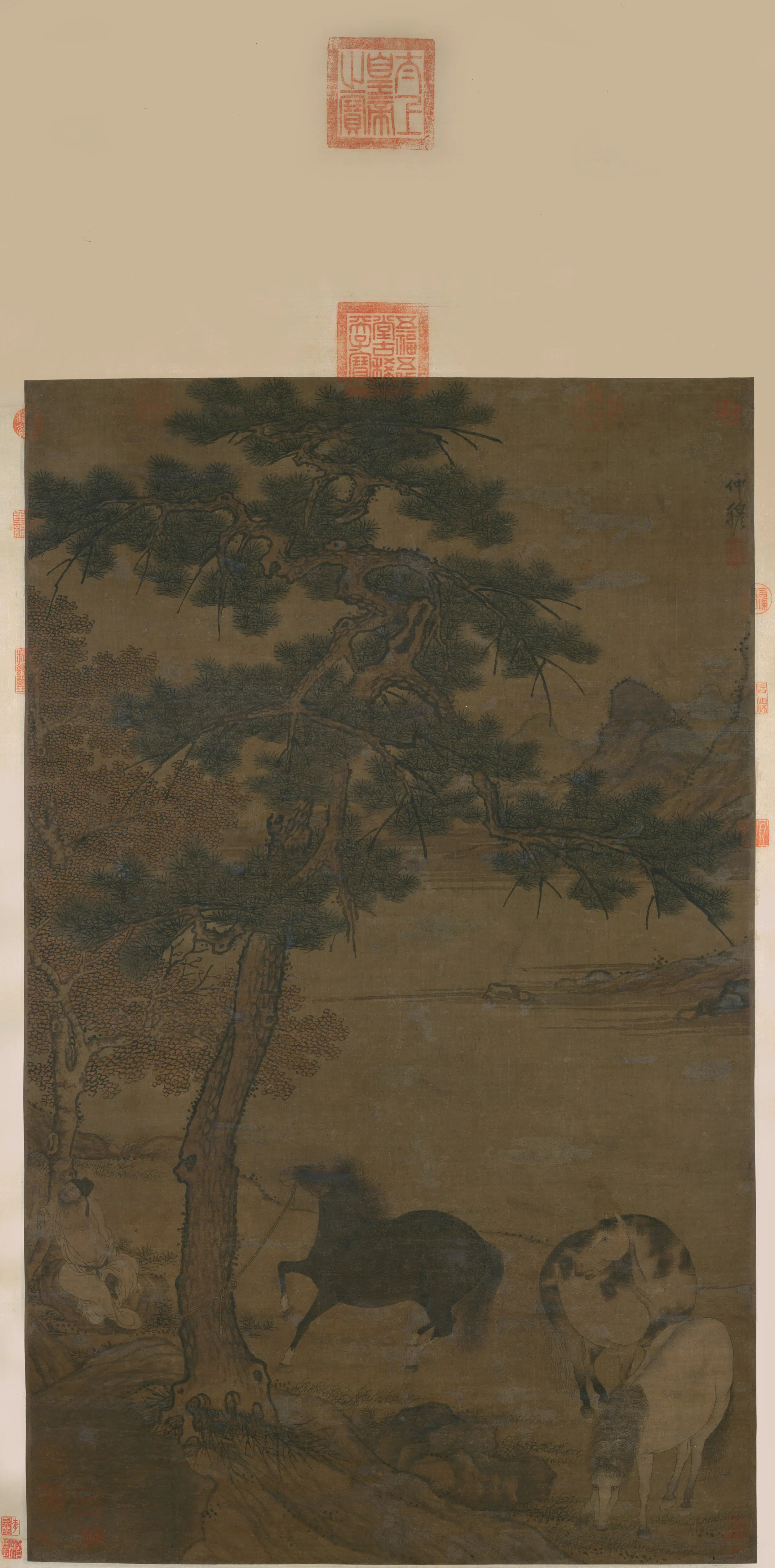 元朝【赵雍】《长松系马图轴》