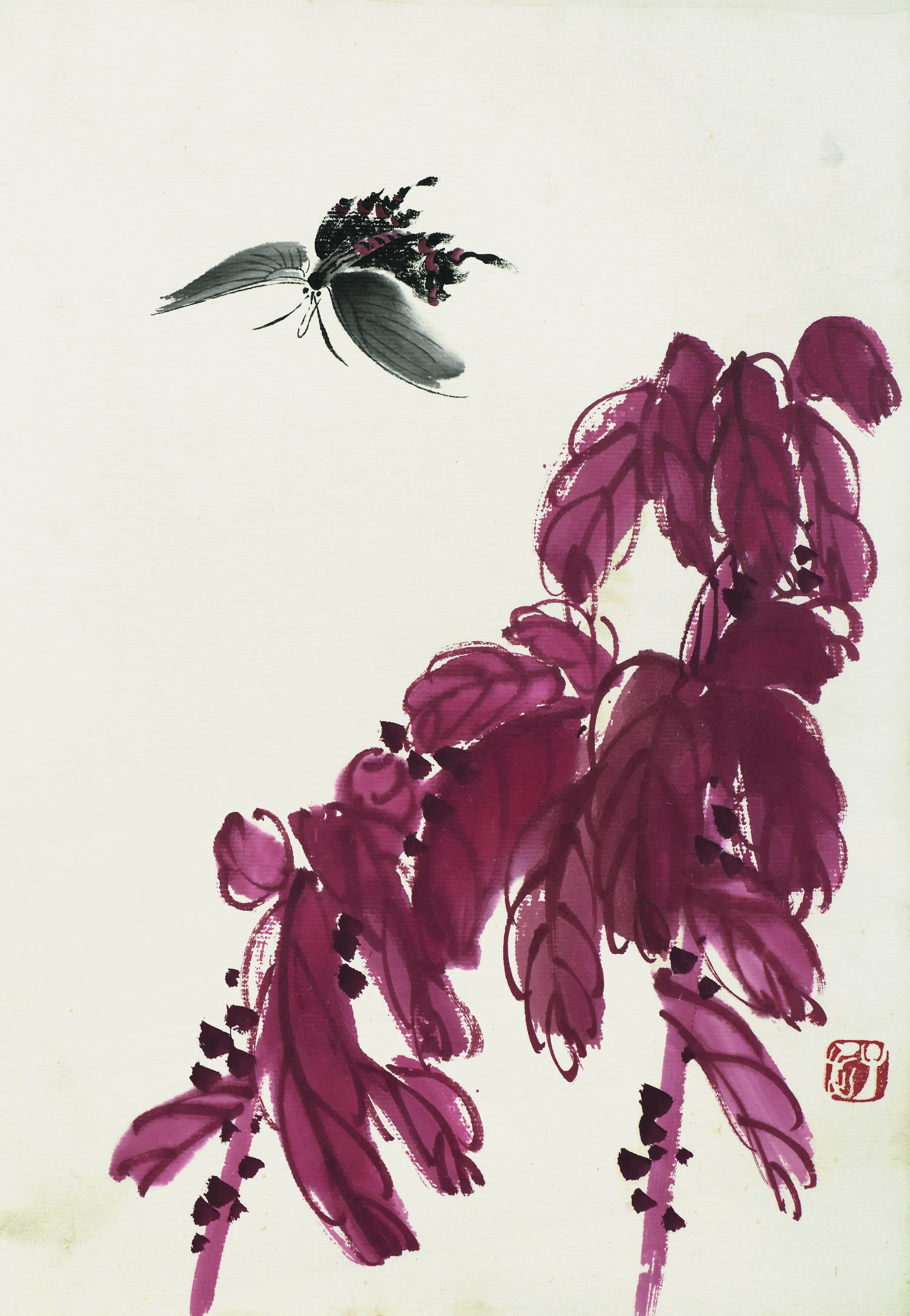 近现代【齐白石】《叶隐闻声-花卉工笔草虫册-红蓼蜻蜓》