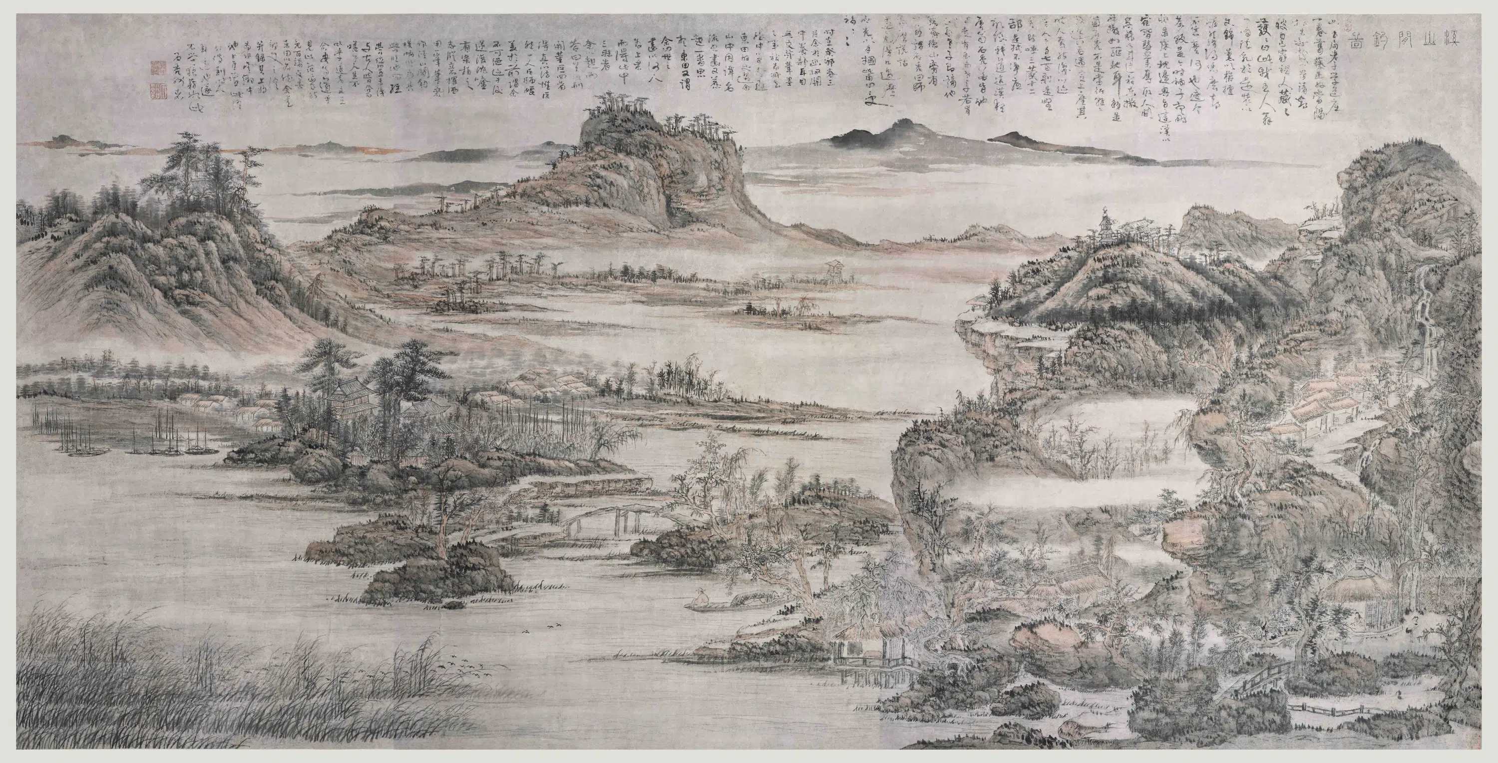 清代【髡残(石谿)】《溪山闲钓图轴》