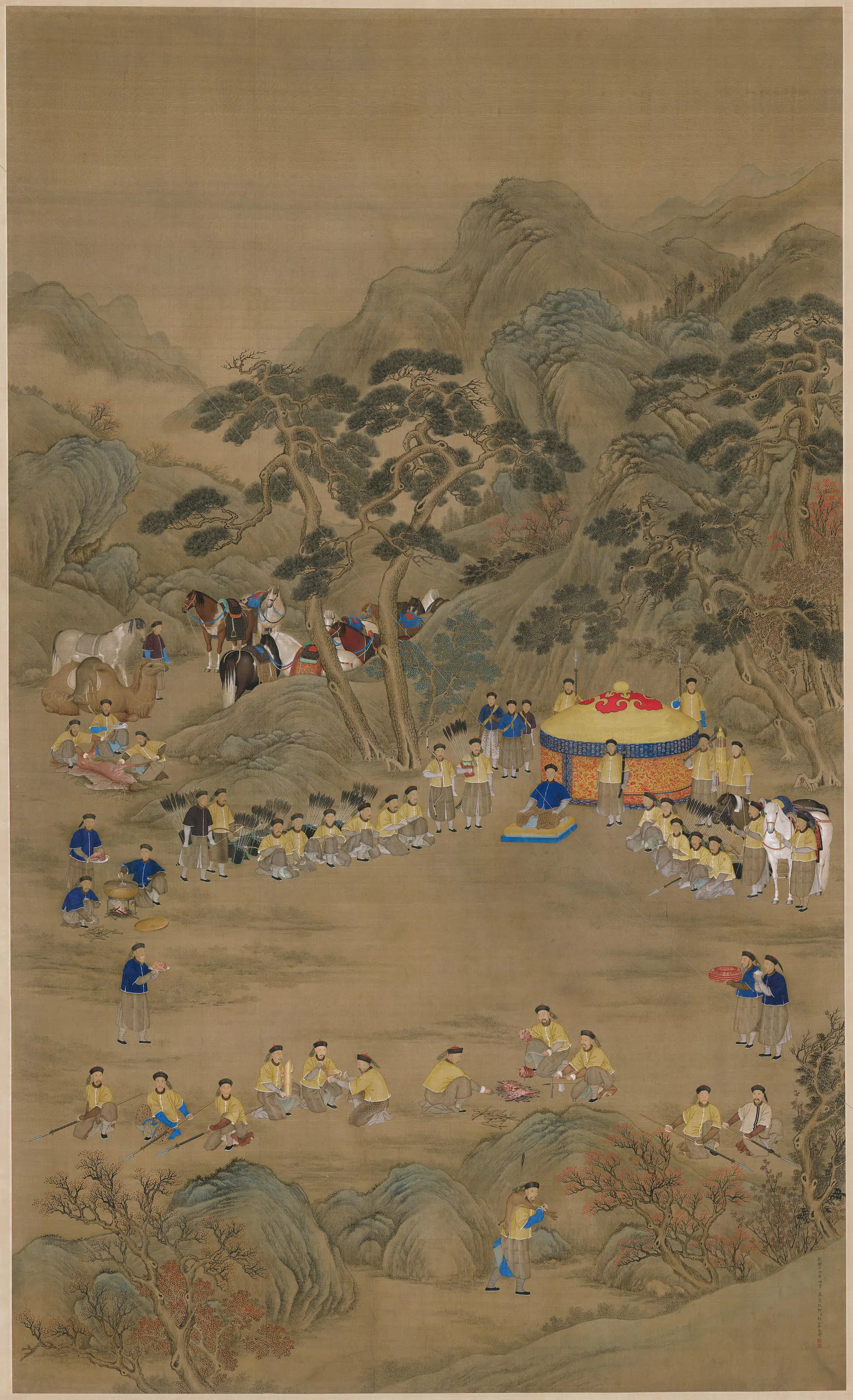 清代【郎世宁】《弘历射猎聚餐图轴》