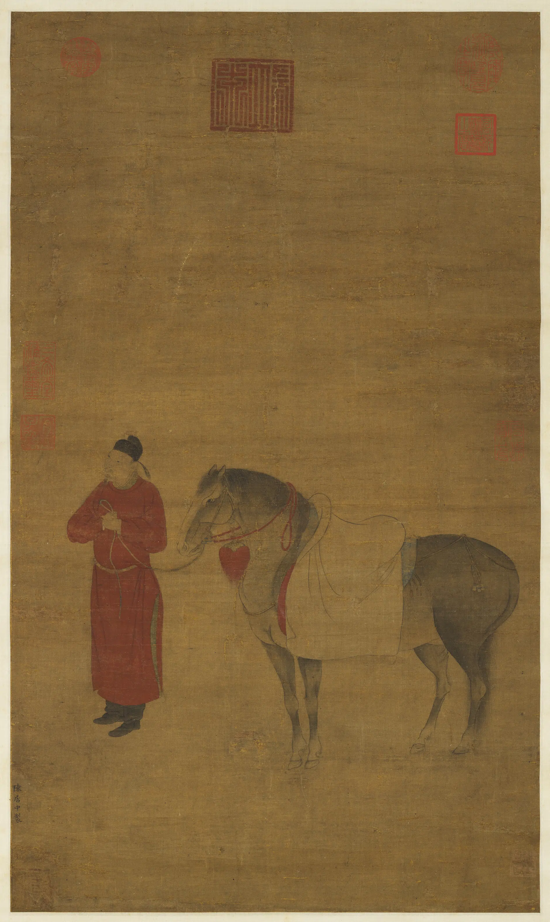 南宋【陈居中】《奚官调马图轴》