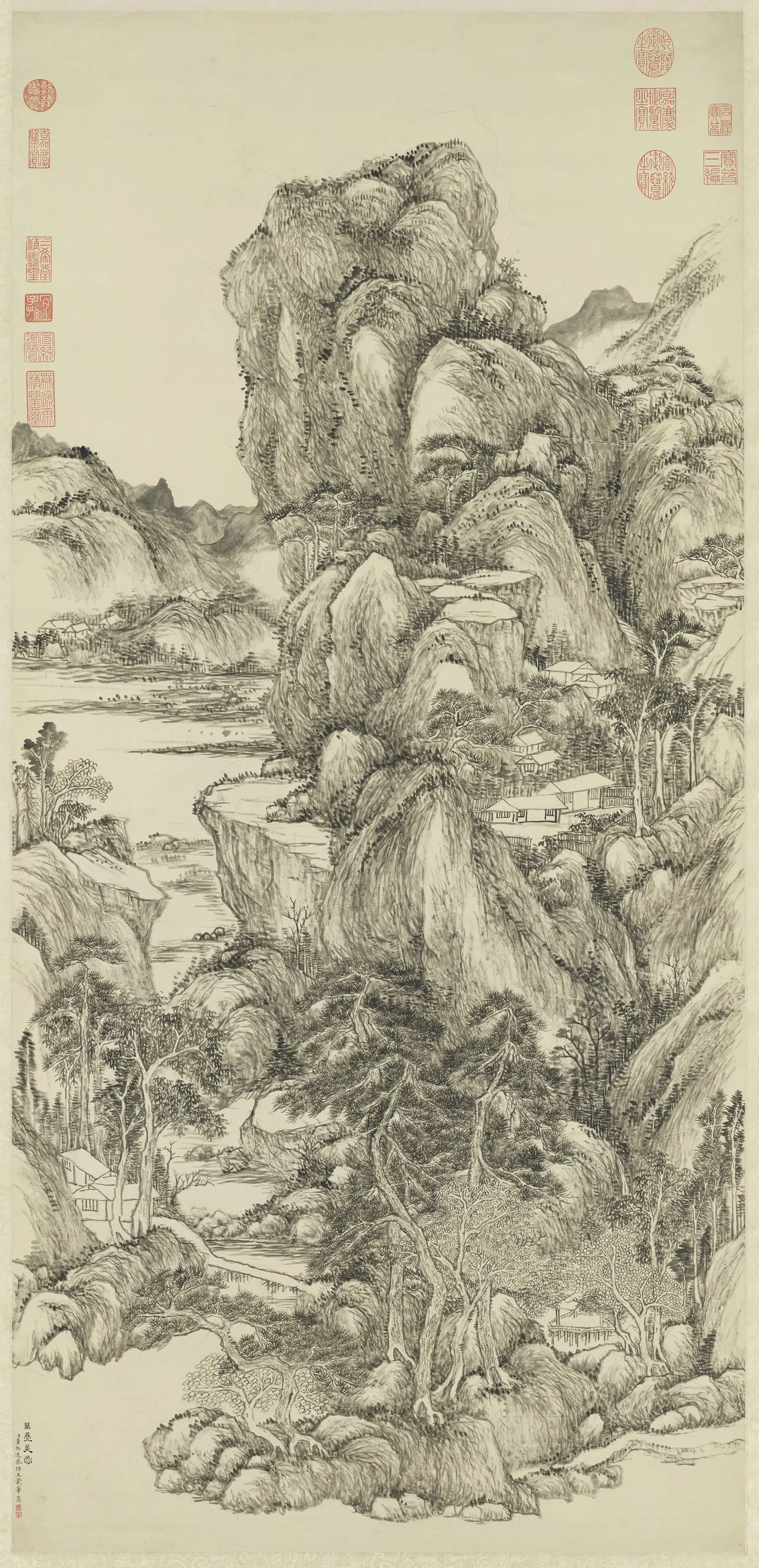 清代【董邦达】《仿王蒙万迭芙蓉图轴》