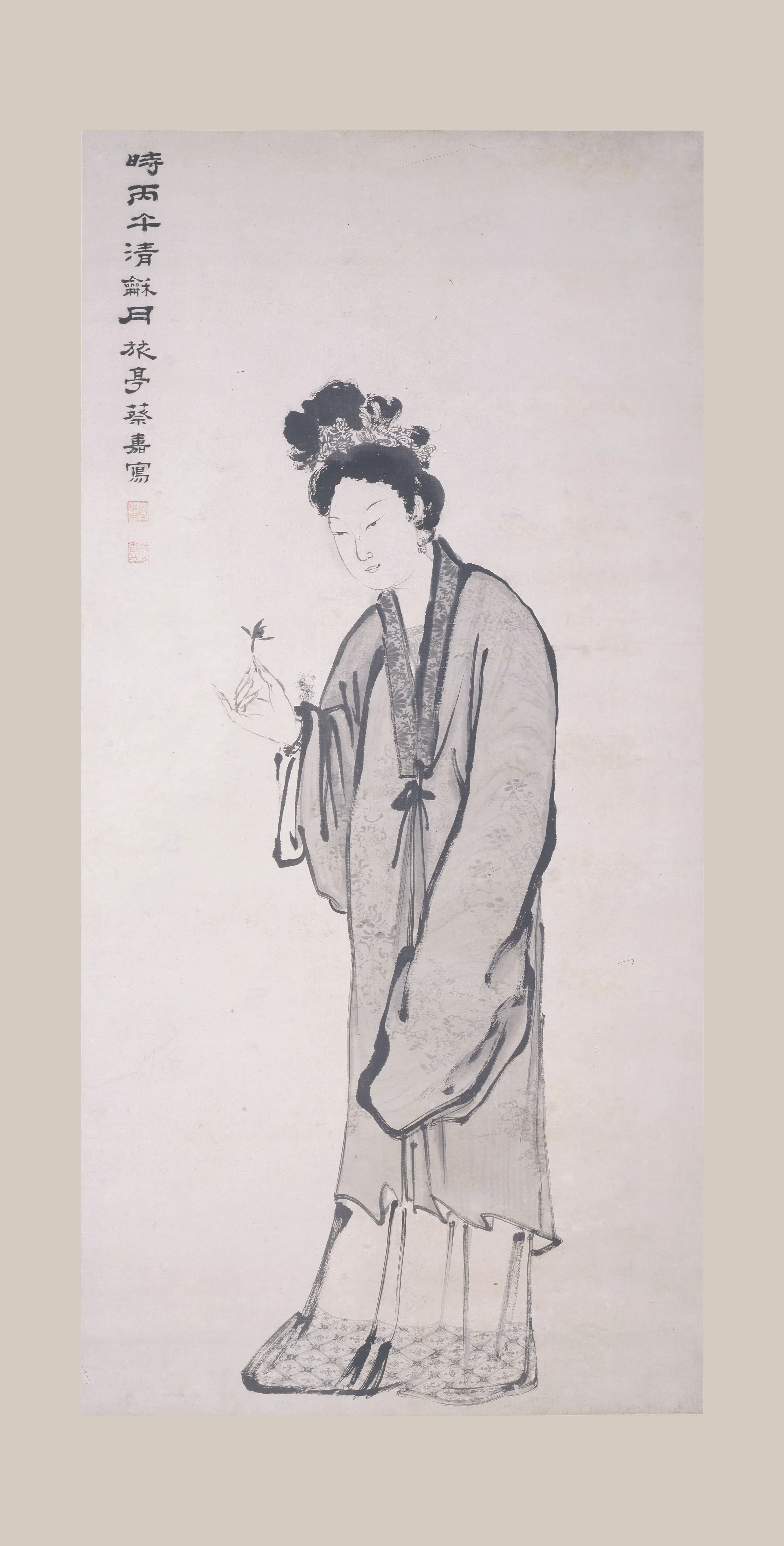 清代【蔡嘉】《攒兰仕女图轴》
