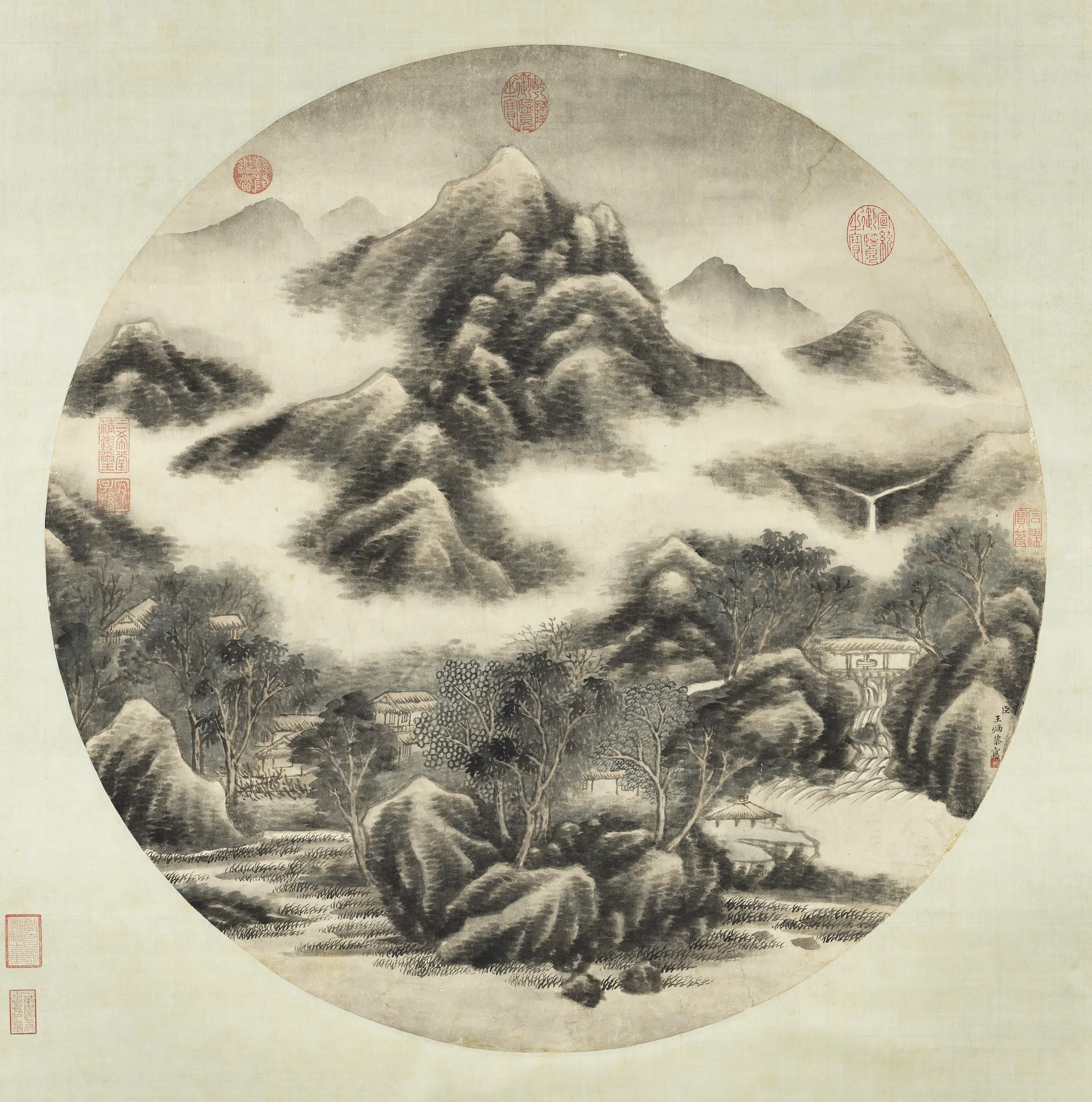 清代【王炳】《山村烟雨轴》