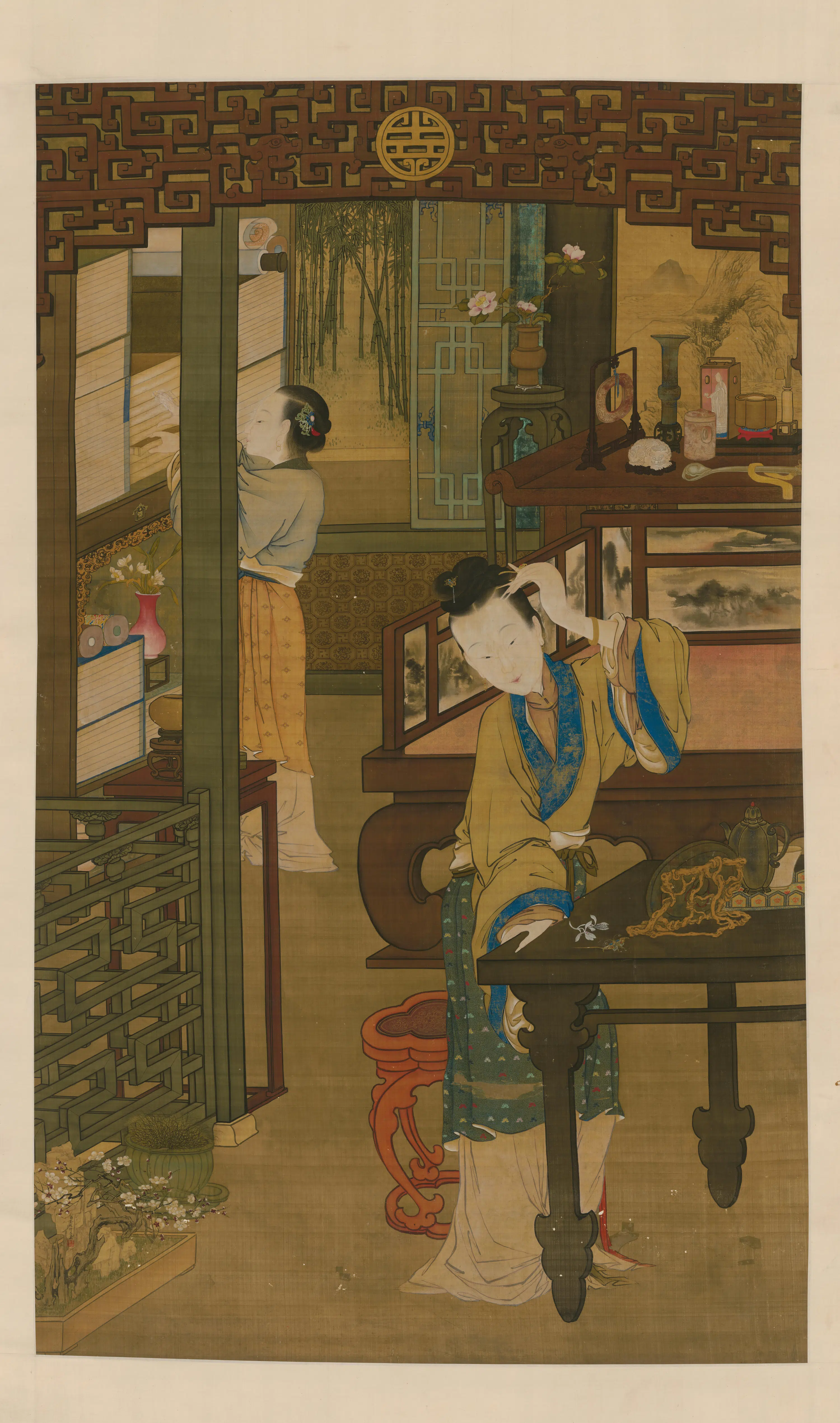 清代【金廷标】《仕女簪花图轴》