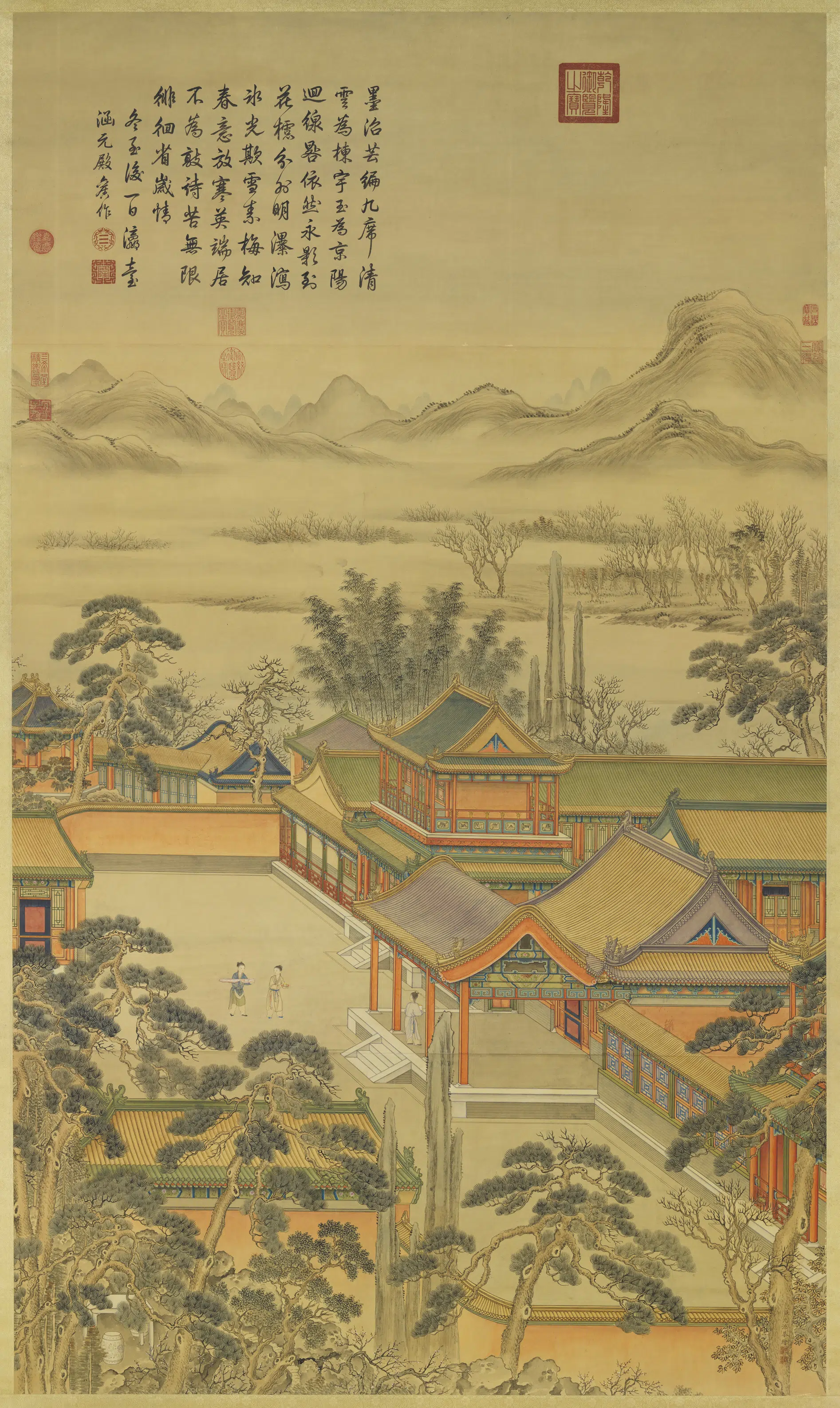 清代【沈源】《十二禁御图之黄钟畅月图轴》