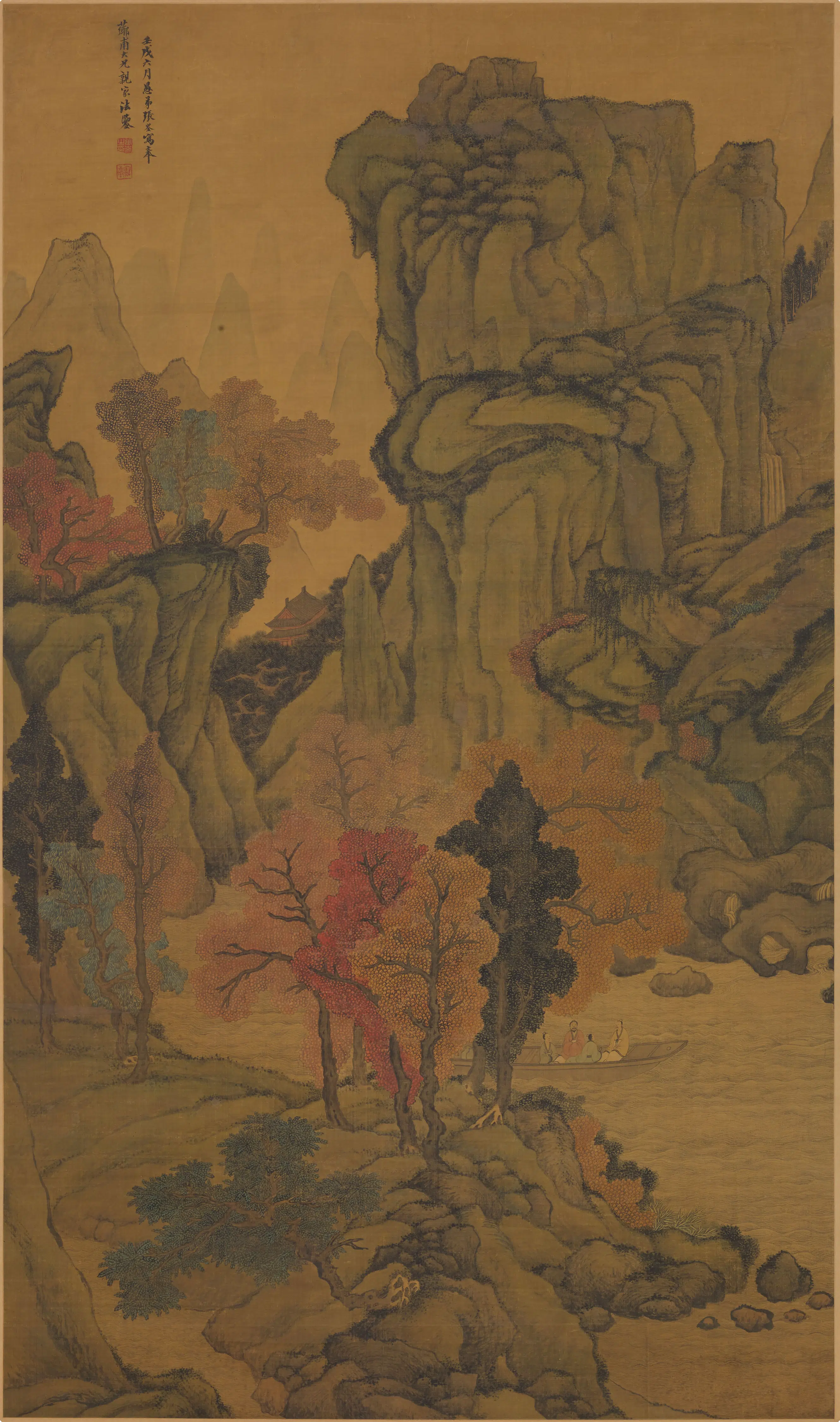 清代【张崟】《秋山泛舟图轴》