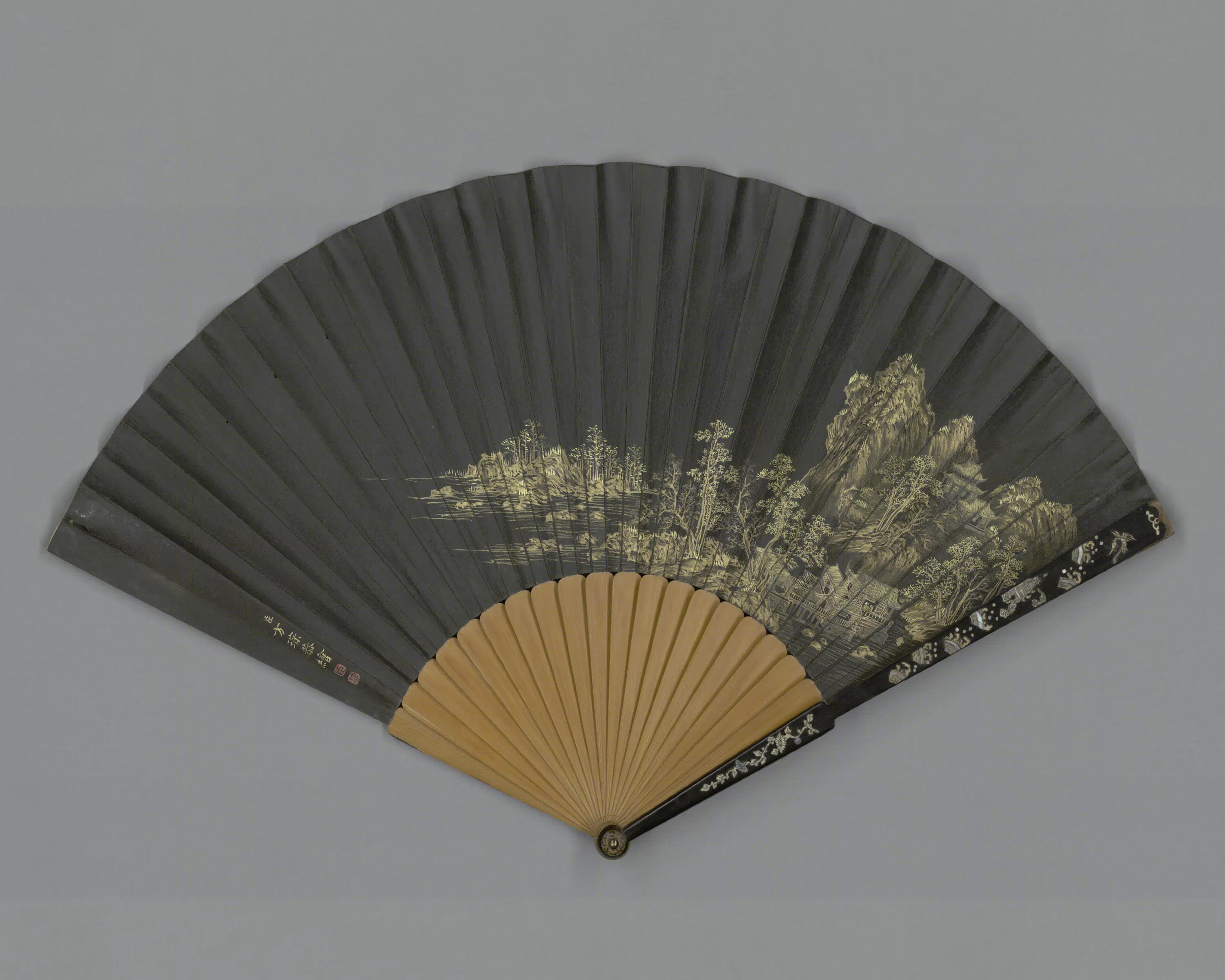 清代【方琮】《画山水董诰临释智果帖成扇》