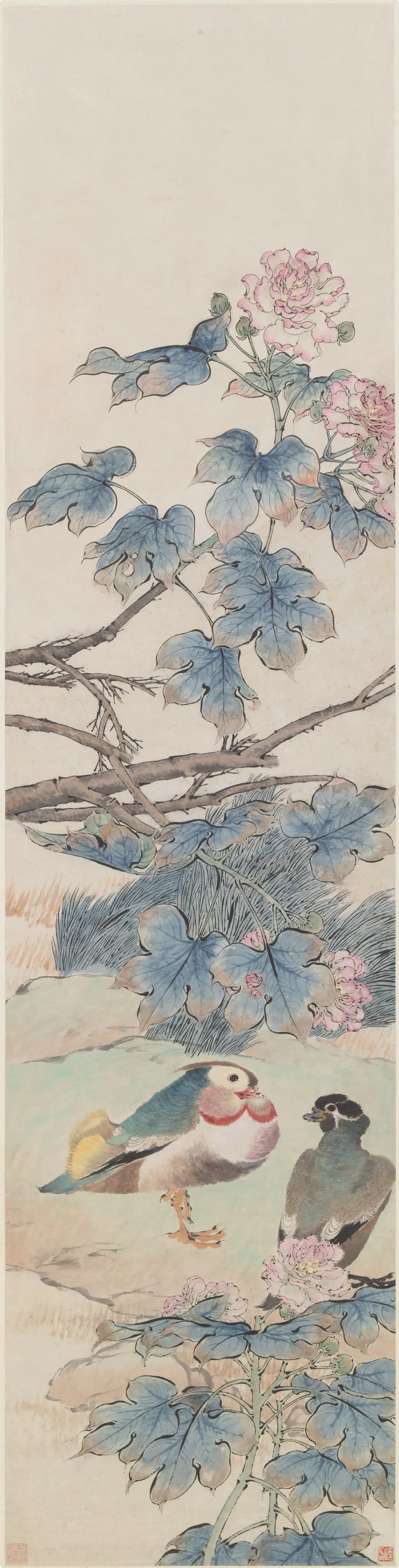 清代【任伯年（任颐）】《芙蓉鸳鸯图轴》