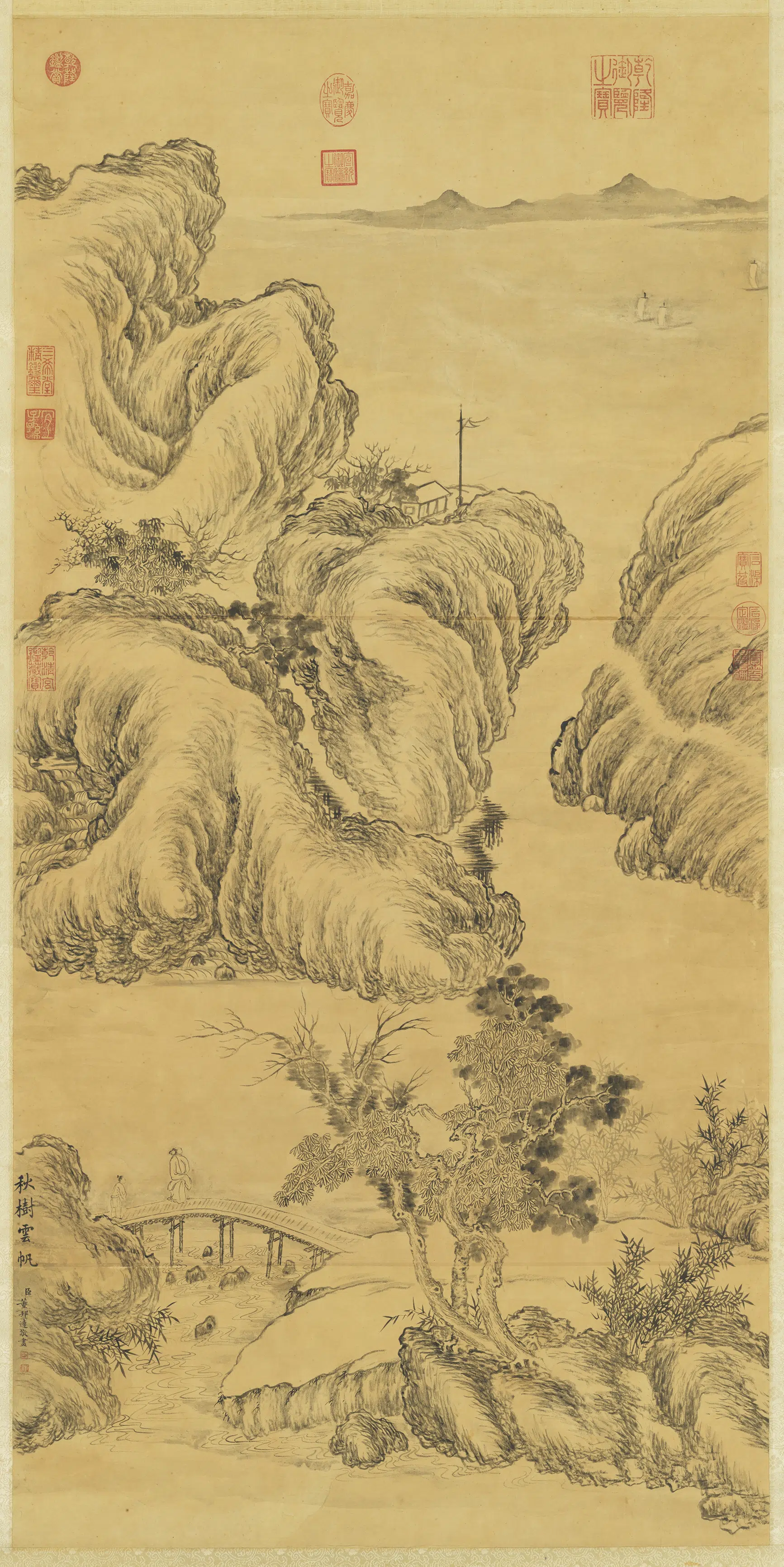 清代【董邦达】《秋树云帆图轴》