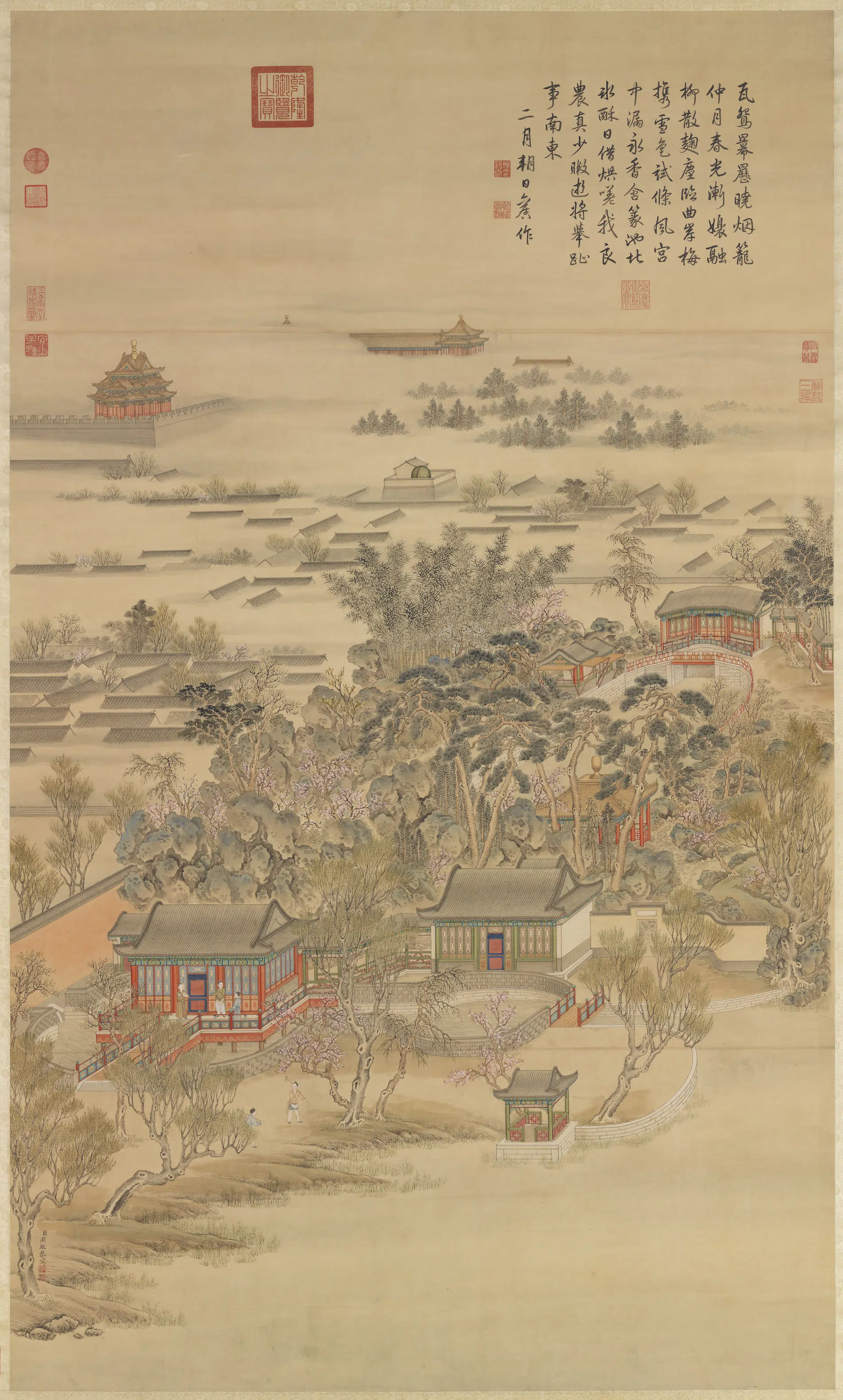 清代【周鲲】《十二禁御图之绘夹钟嘉候图轴》
