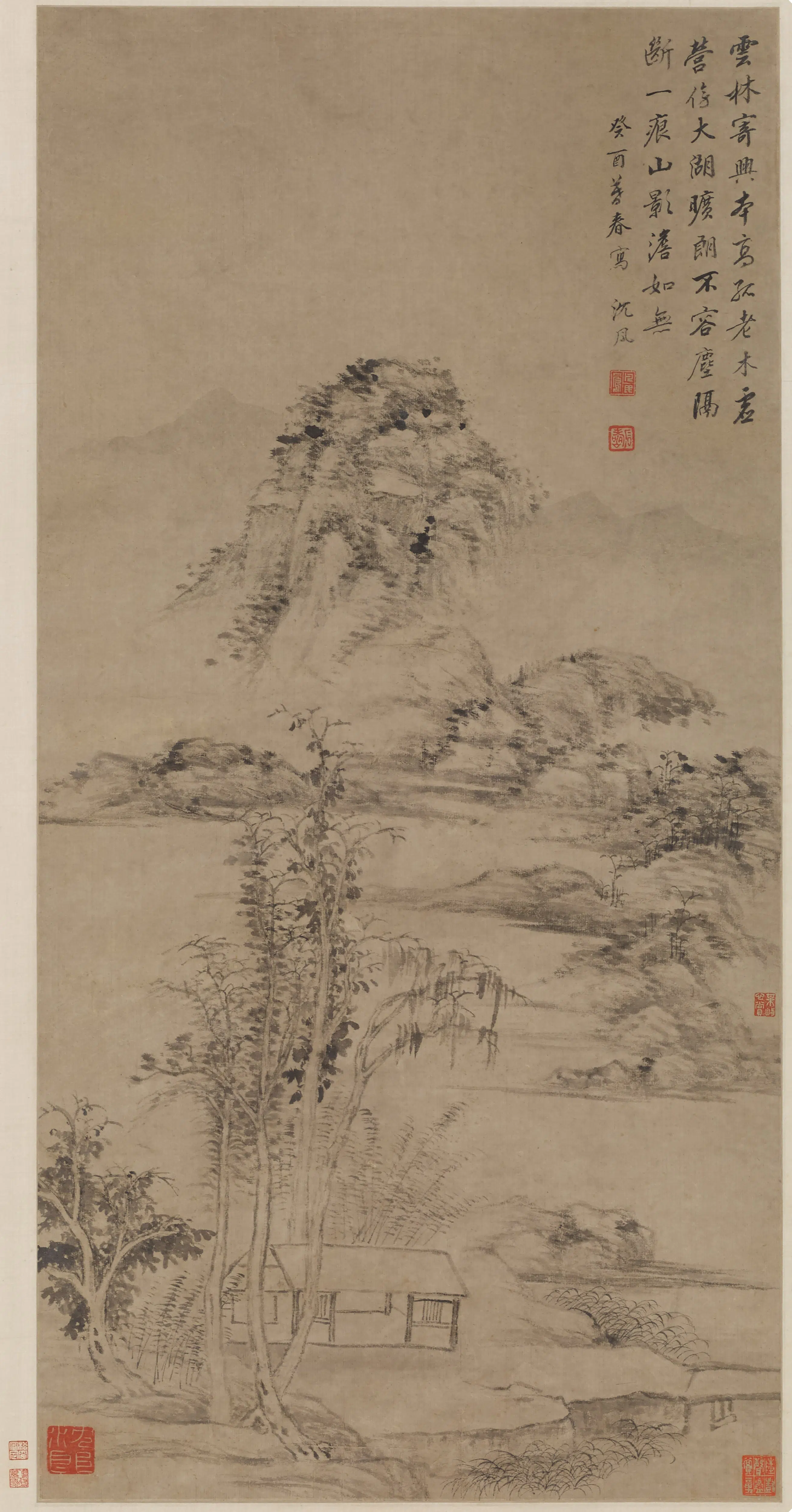 清代【沈凤】《仿倪瓒山水轴》
