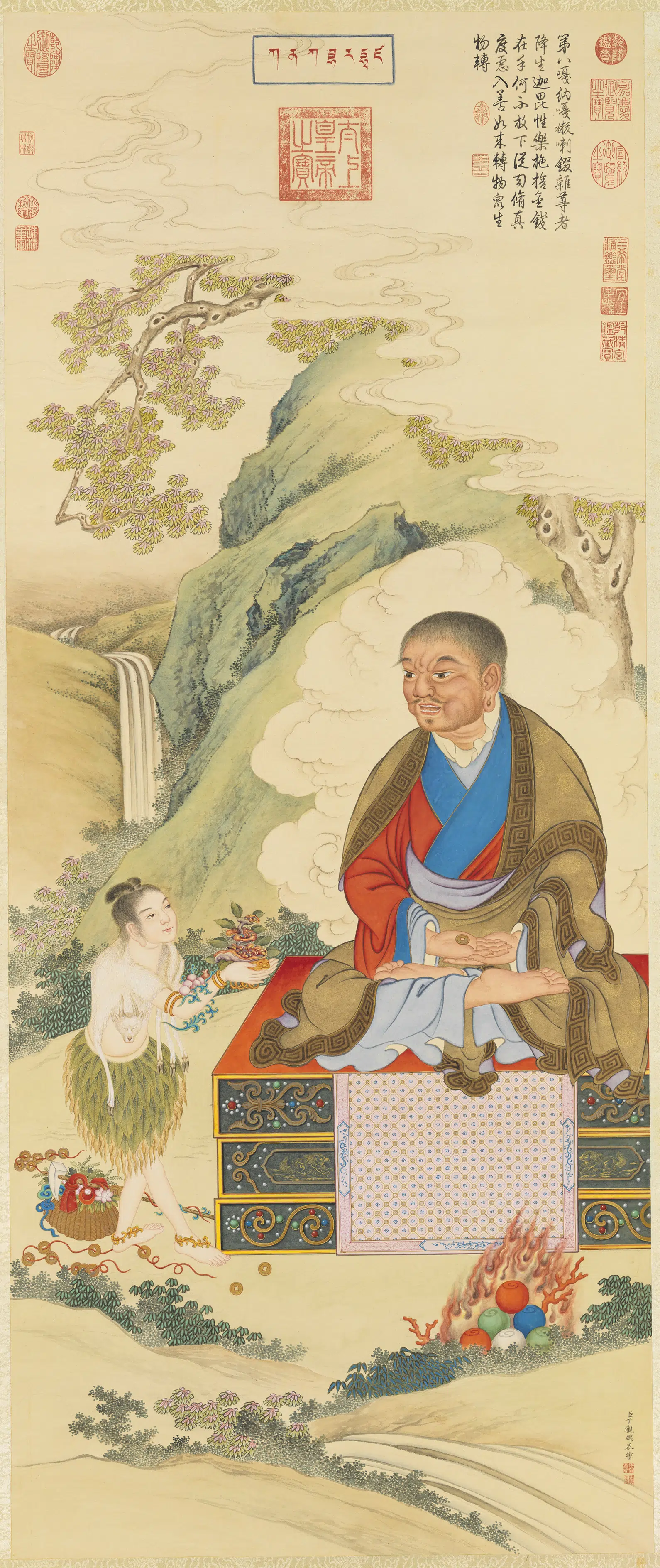清代【丁观鹏】《十六应真像（八）第八嘎纳嘎拔哈喇錣杂尊者图轴》