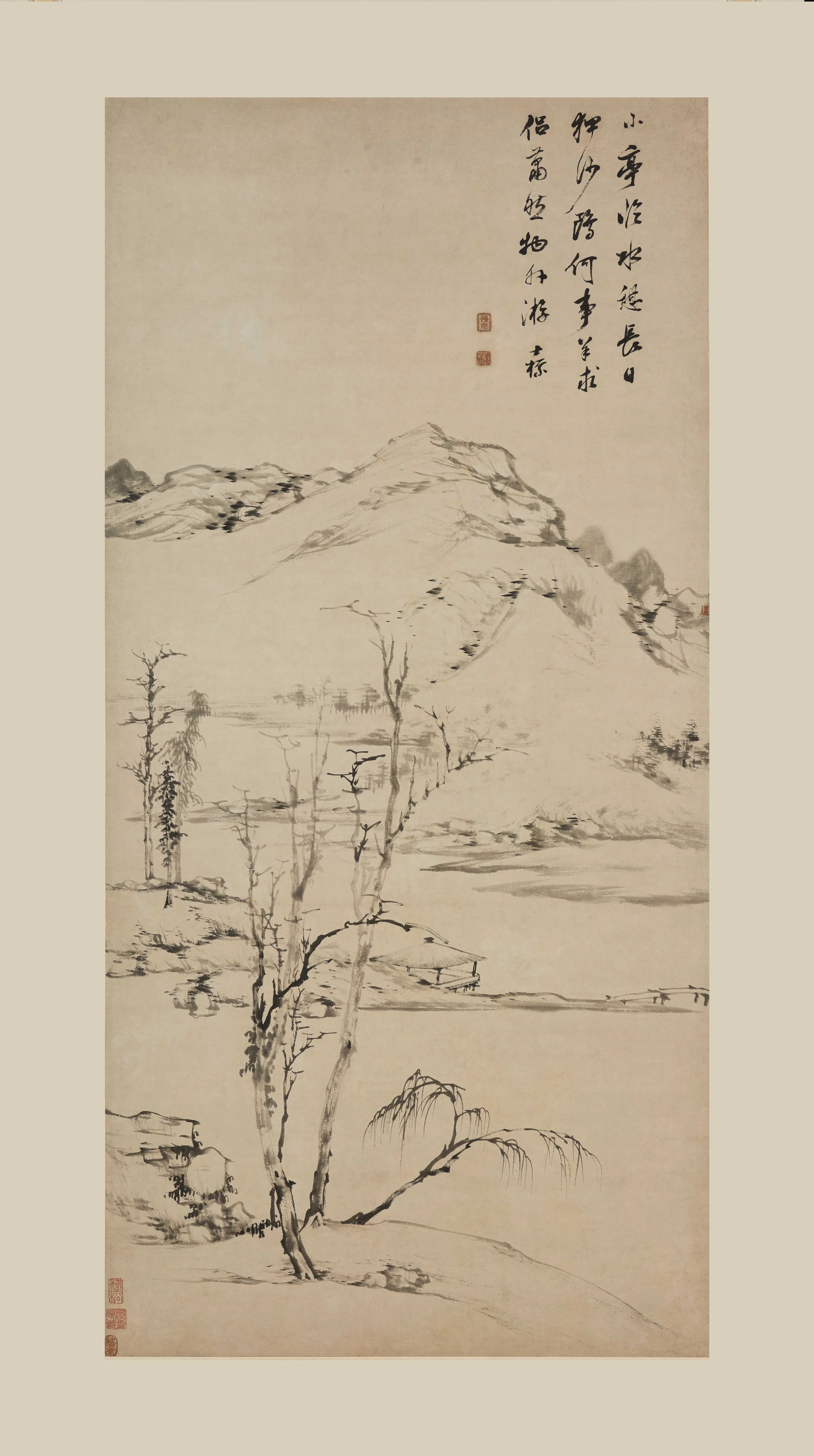 清代【查士标】《小亭临水图轴》